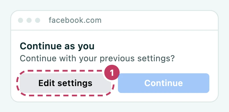 Facebook's reconnect screen, 'Continue as you. Continue with your previous settings?', with the grey Edit settings button marked as the one to click and the blue Continue button faded