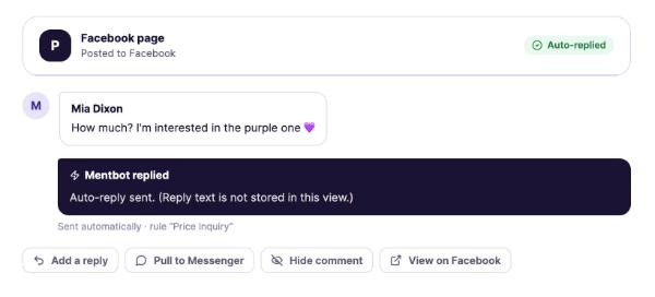 Mentbot inbox showing a Facebook comment marked Auto-replied, with buttons to pull the commenter to Messenger or hide the comment