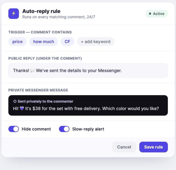 Mentbot's keyword-rule setup with trigger keywords, a public comment reply, and a private Messenger message