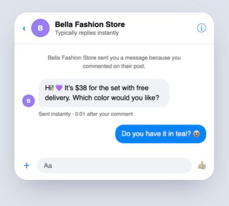 A Facebook page's automatic private reply arriving in the commenter's Messenger inbox seconds after they commented