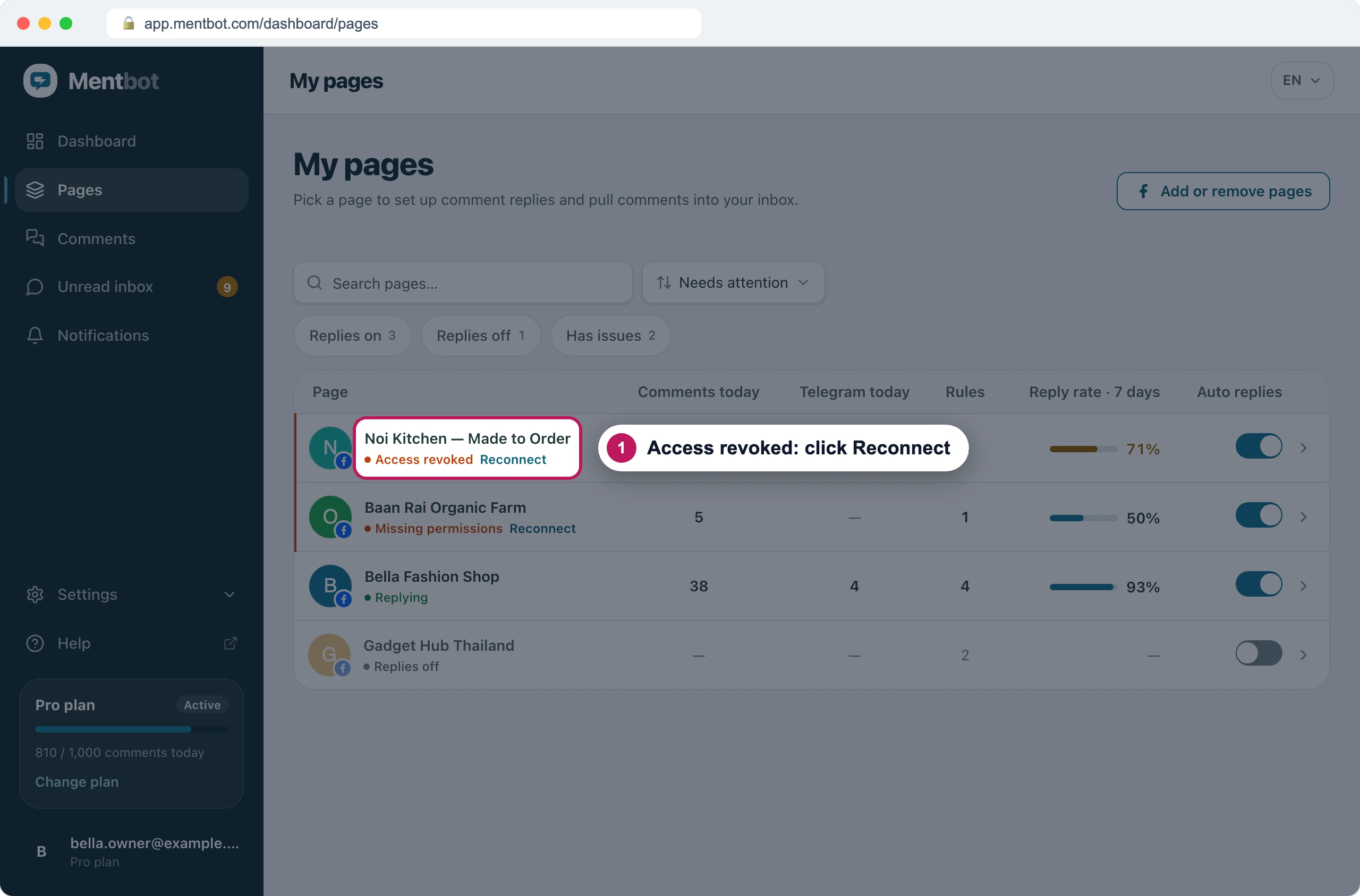 Pages list with badge 1 on Noi Kitchen — Made to Order, marked Access revoked with a Reconnect link