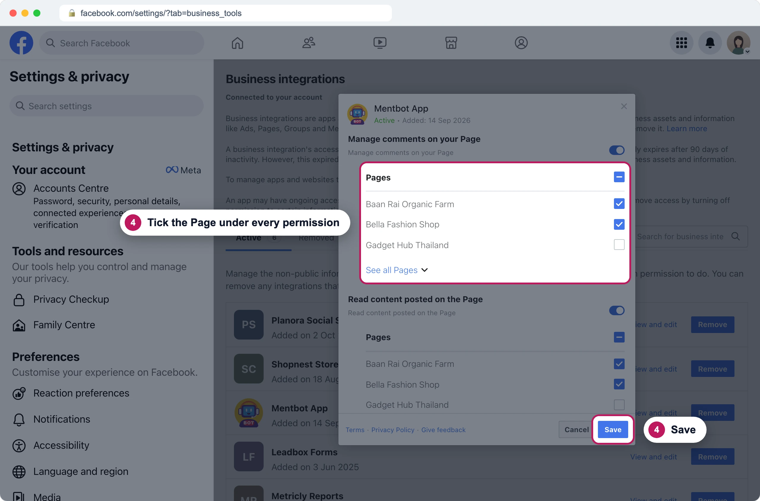 หน้าตั้งค่า Mentbot App ใน Business integrations ป้าย 4 ชี้ที่รายการเพจใต้ Manage comments on your Page และป้าย 4 ชี้ที่ปุ่ม Save