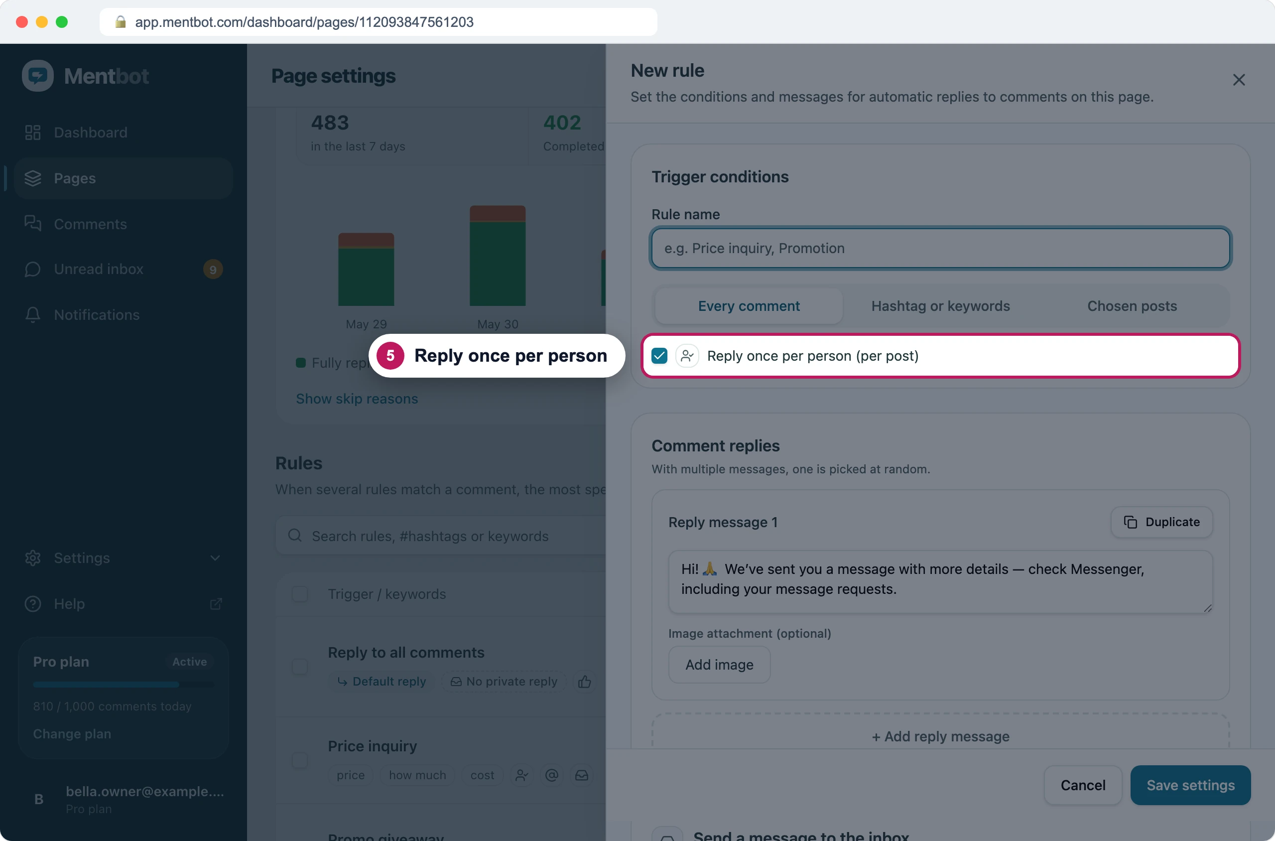 Rule form with badge 5 on the ticked Reply once per person (per post) checkbox