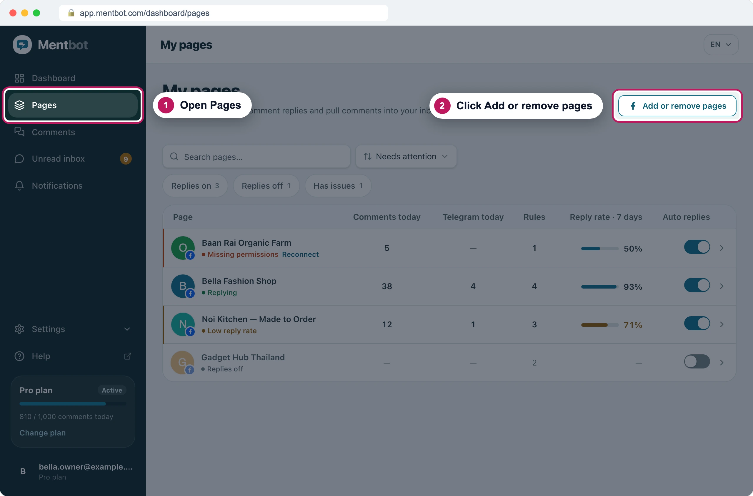 Pages list with badge 1 on Pages in the menu and badge 2 on the Add or remove pages button