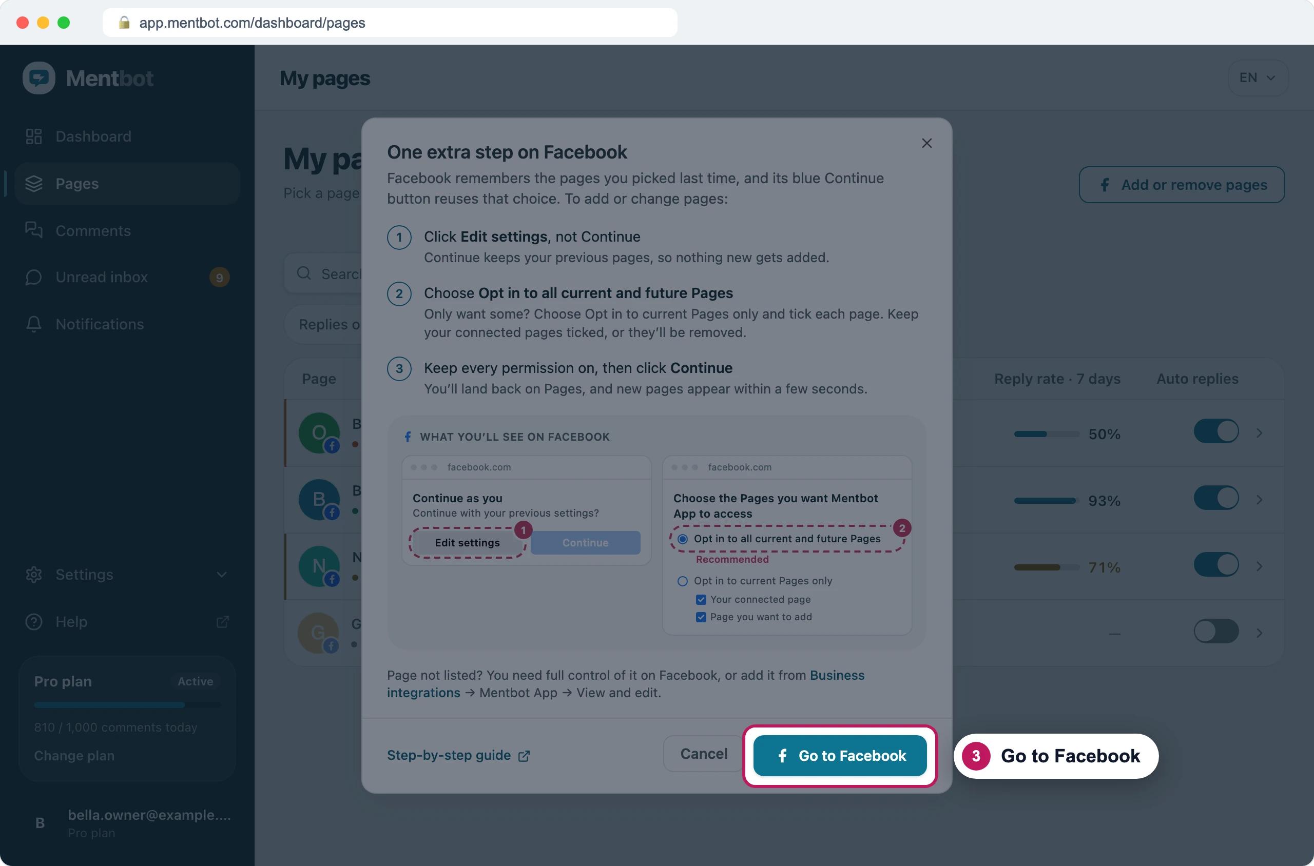The One extra step on Facebook dialog with badge 3 on the Go to Facebook button