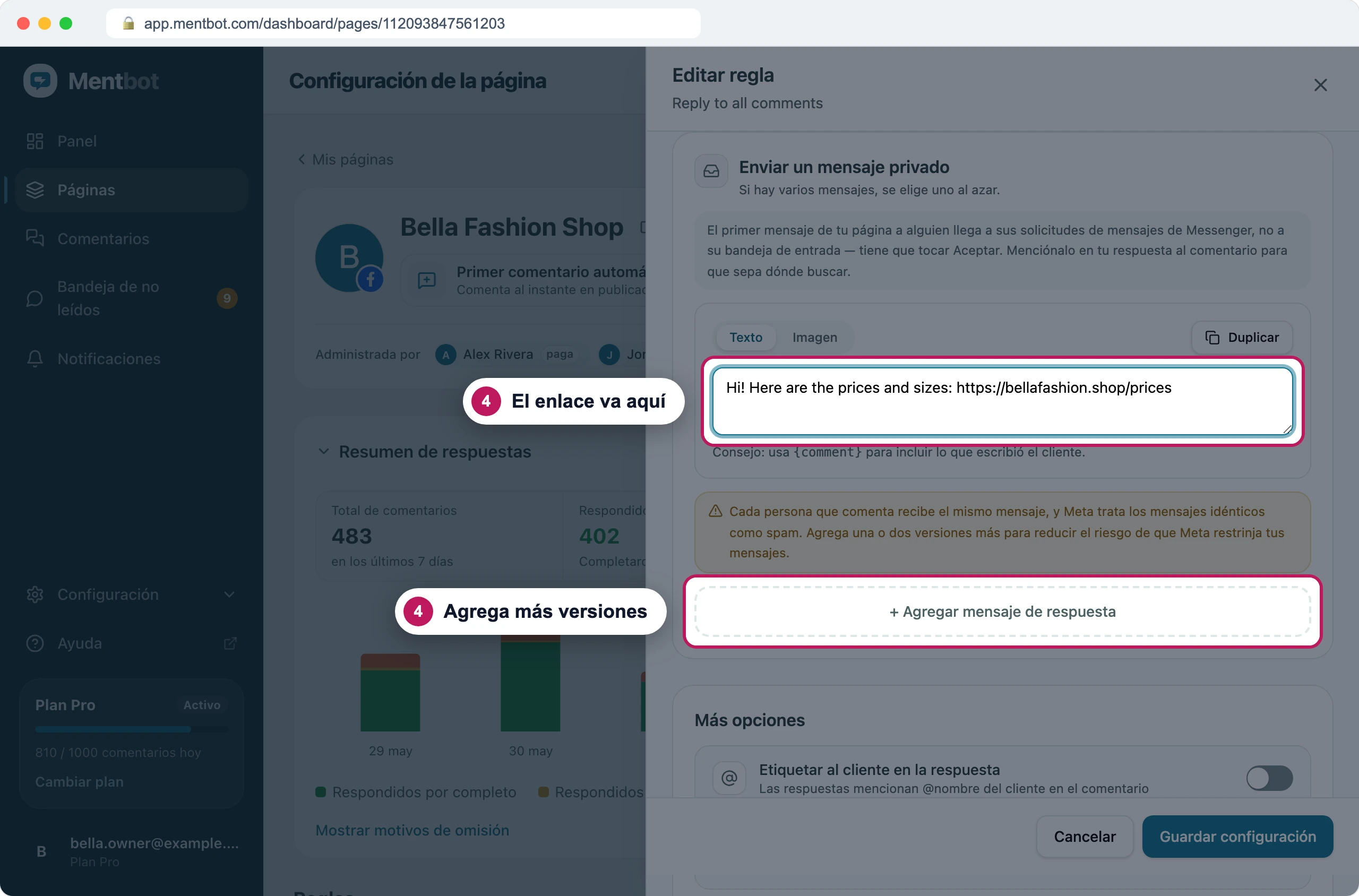 Sección Enviar un mensaje privado con la insignia 4 en el mensaje que lleva el enlace a la lista de precios y la insignia 4 en + Agregar mensaje de respuesta
