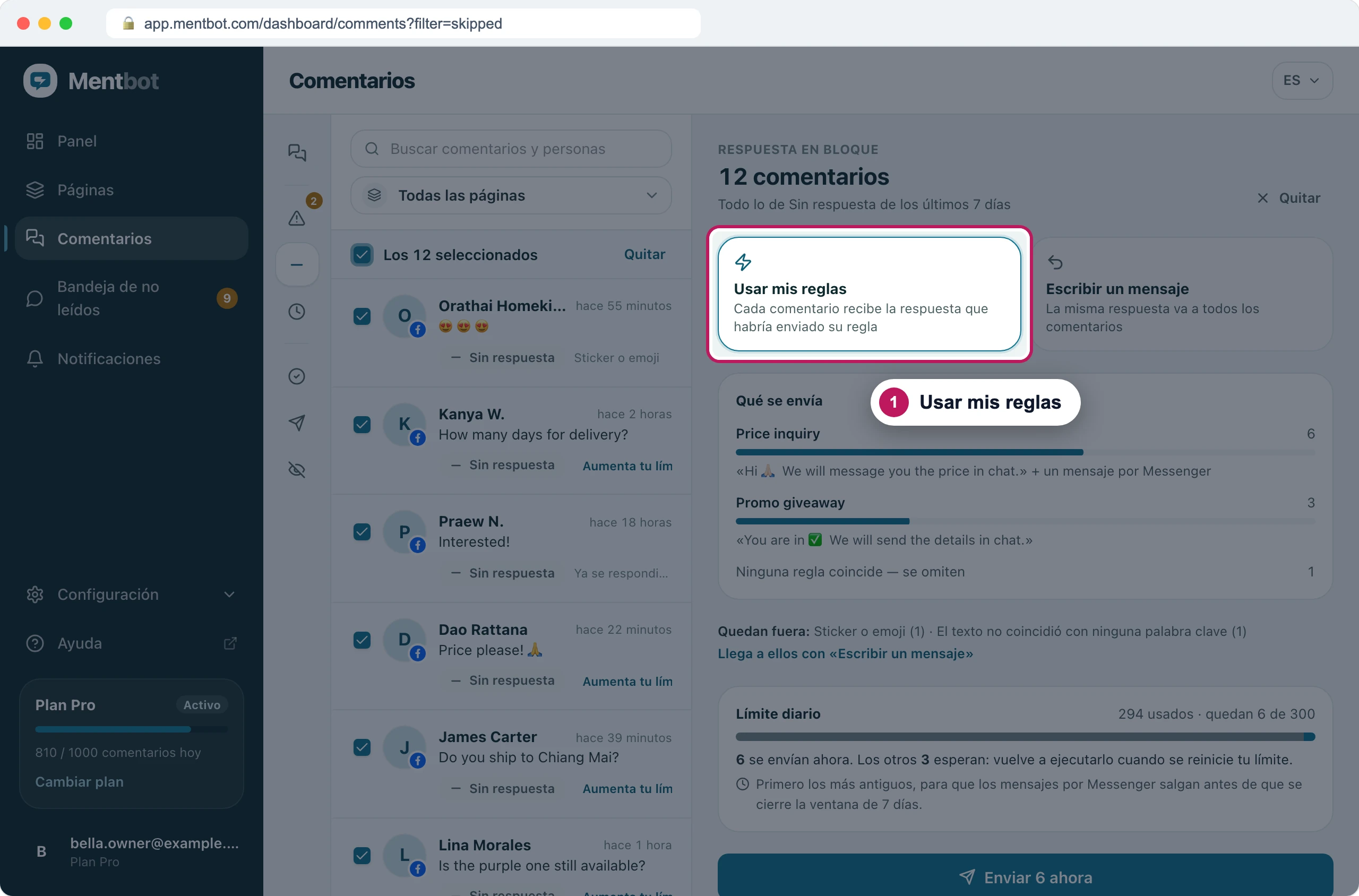 Panel de Respuesta en bloque para 12 comentarios con la insignia 1 en Usar mis reglas, junto a Escribir un mensaje