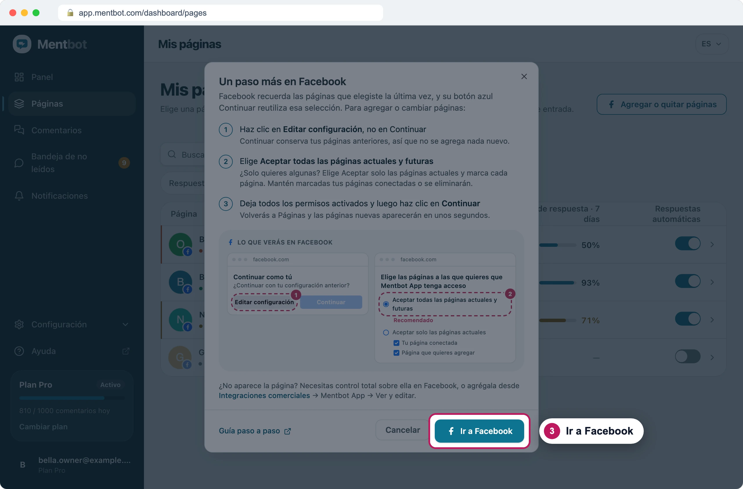Cuadro de diálogo Un paso más en Facebook con la insignia 3 en el botón Ir a Facebook
