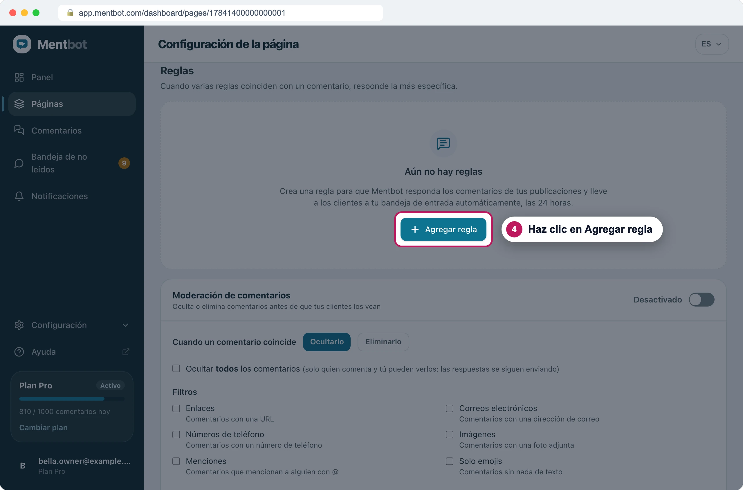 La sección Reglas de la cuenta de Instagram, vacía, con la insignia 4 en el botón Agregar regla