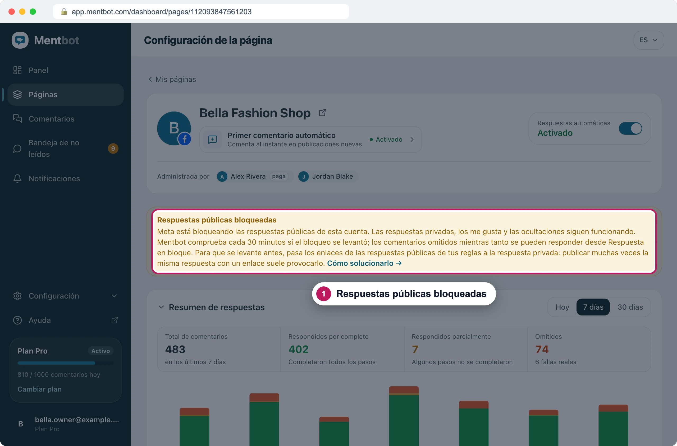 Configuración de la página Bella Fashion Shop con la insignia 1 en el aviso Respuestas públicas bloqueadas