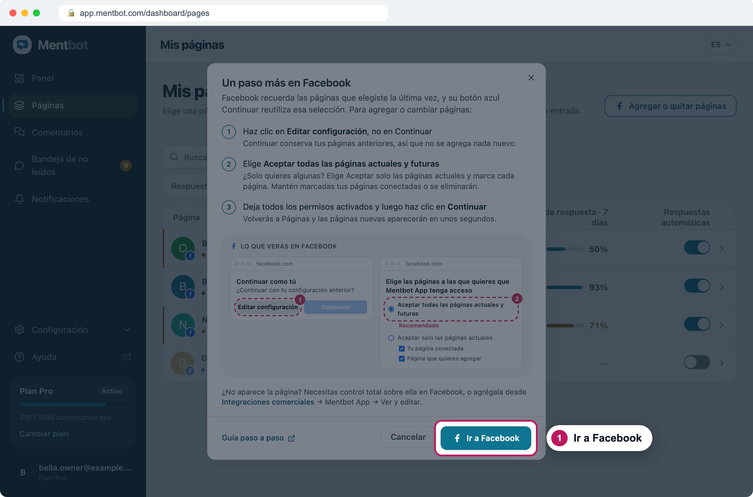 Cuadro de diálogo Un paso más en Facebook con la insignia 1 en el botón Ir a Facebook