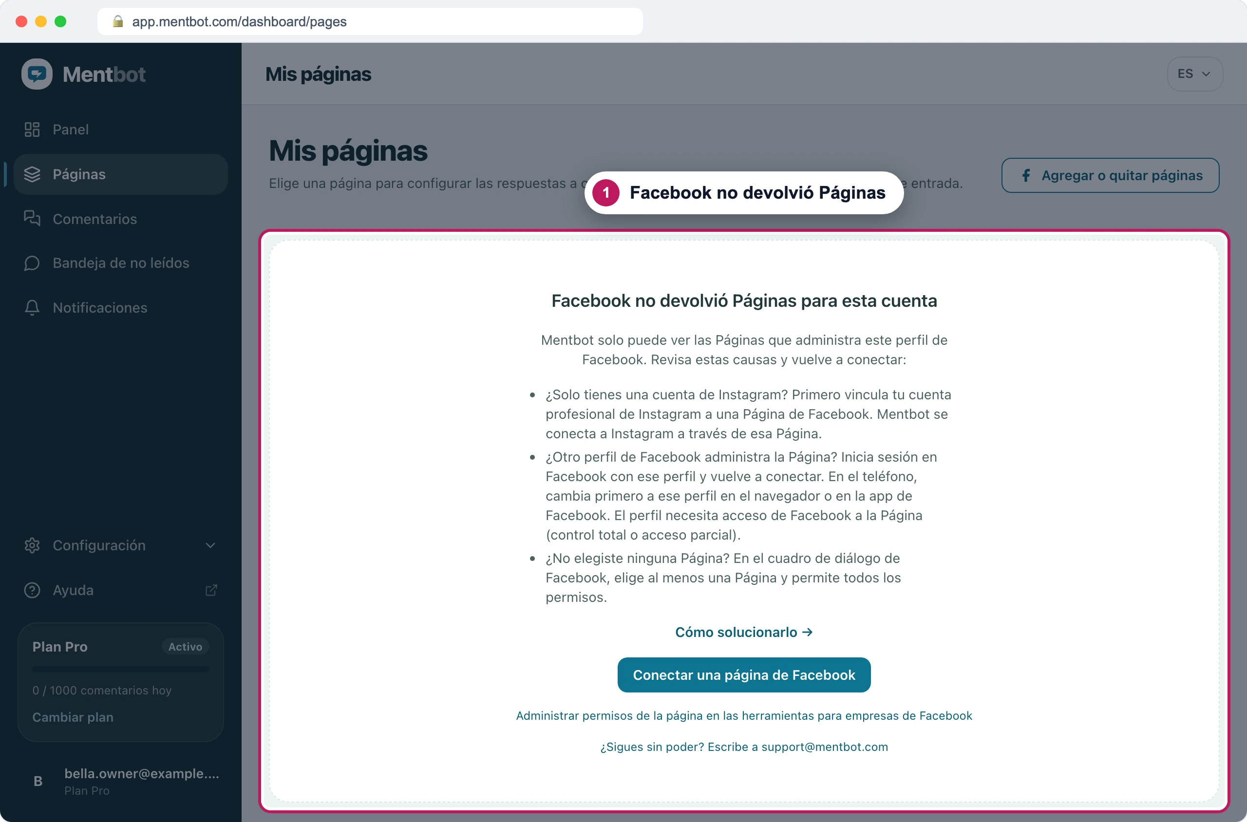 Páginas con la insignia 1 en el mensaje Facebook no devolvió Páginas para esta cuenta, que enumera tres causas encima del botón Conectar una página de Facebook