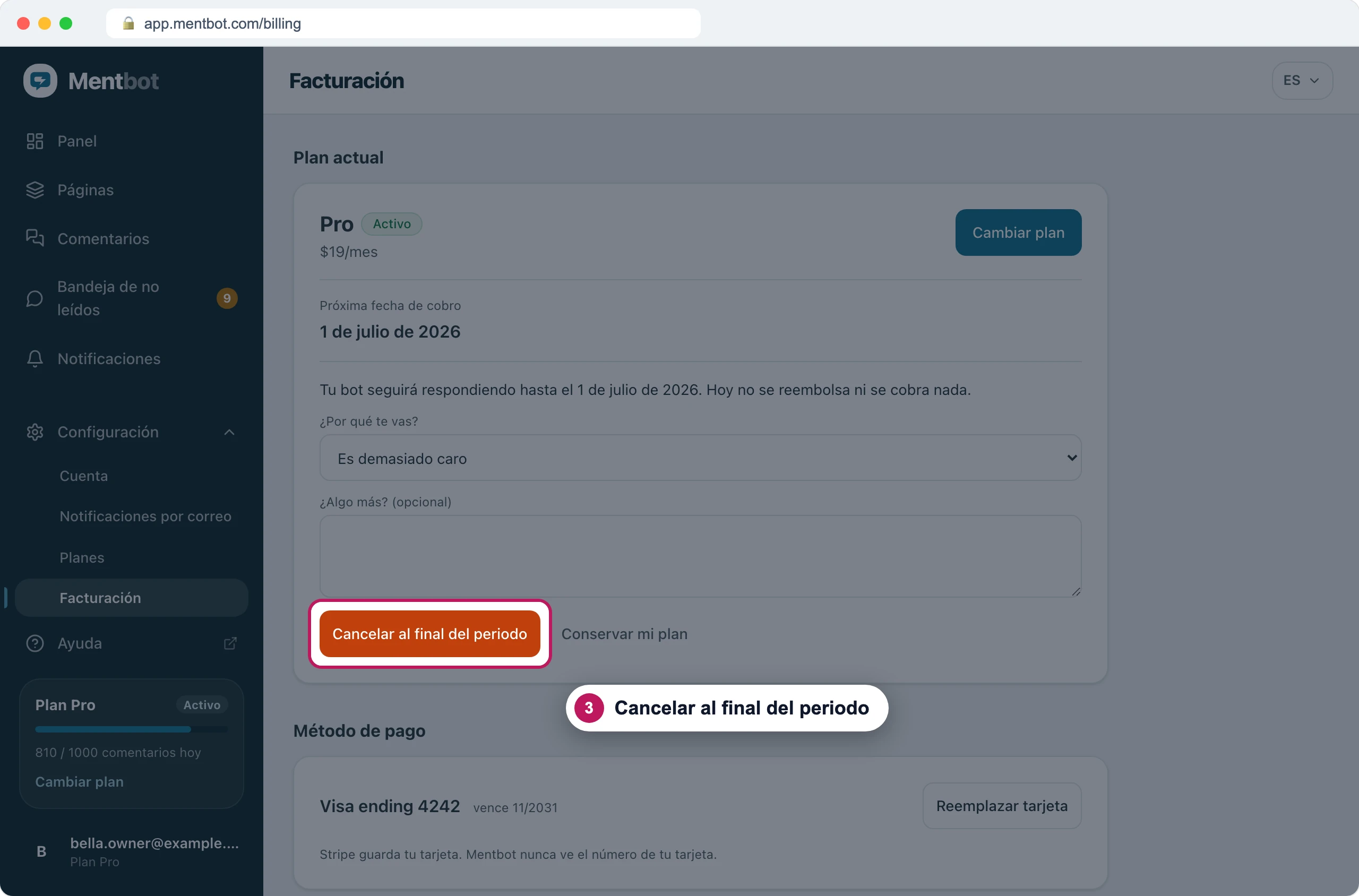 Página Facturación con el formulario de cancelación abierto, Es demasiado caro elegido en ¿Por qué te vas? y la insignia 3 en Cancelar al final del periodo