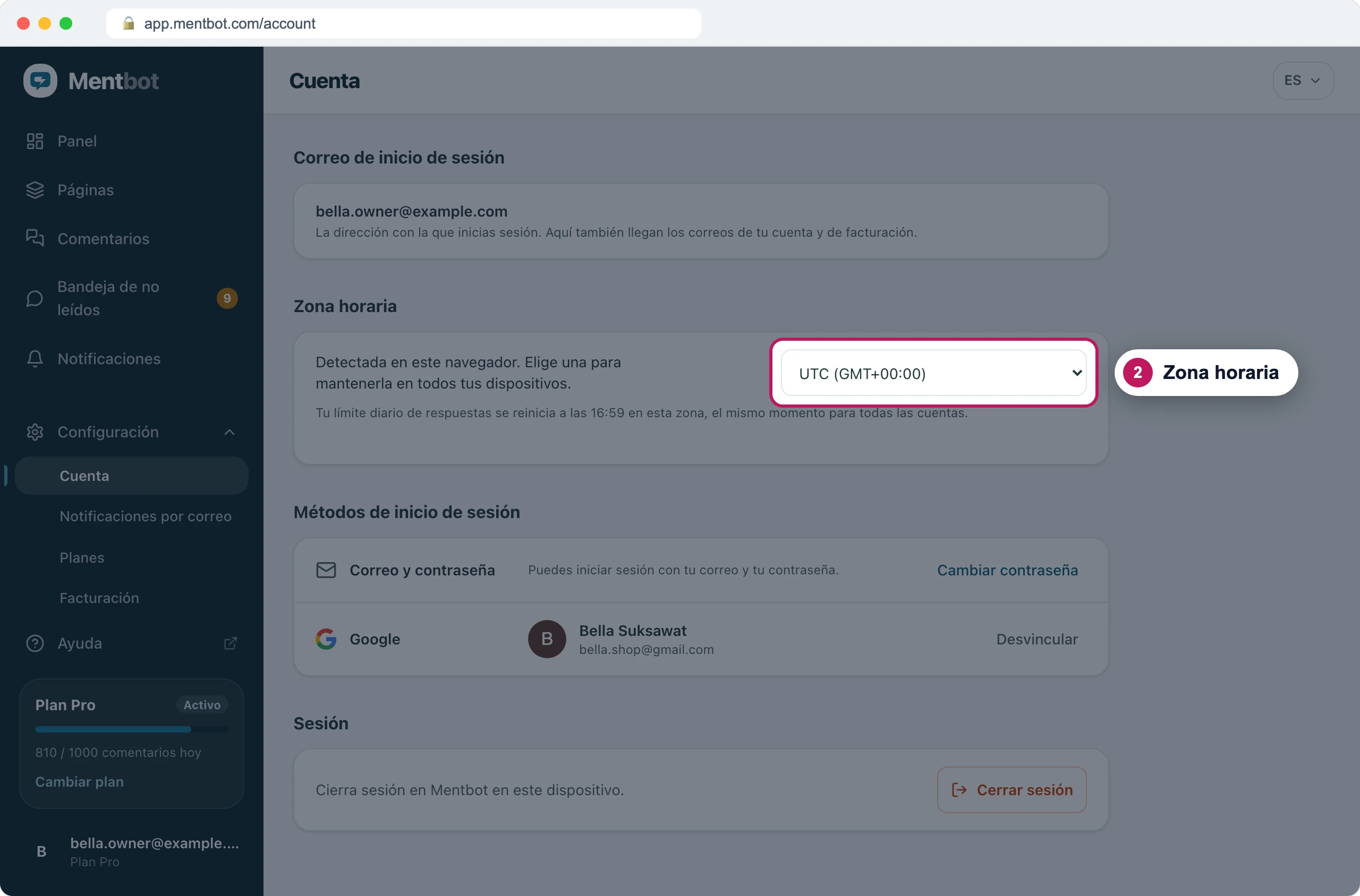 Página Cuenta con la insignia 2 en el menú Zona horaria, configurado en UTC