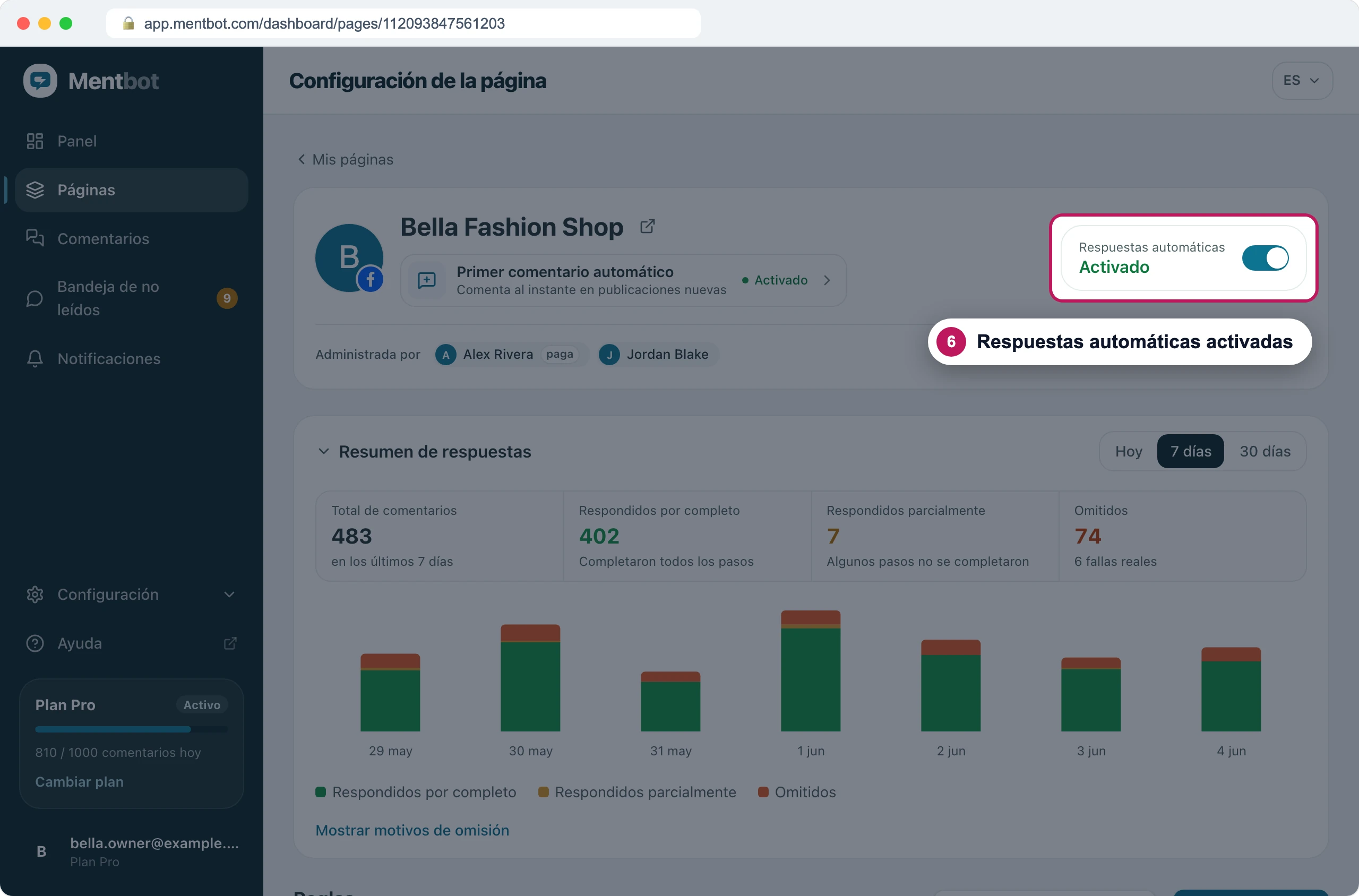 Configuración de la página con la insignia 6 en el interruptor Respuestas automáticas, activado
