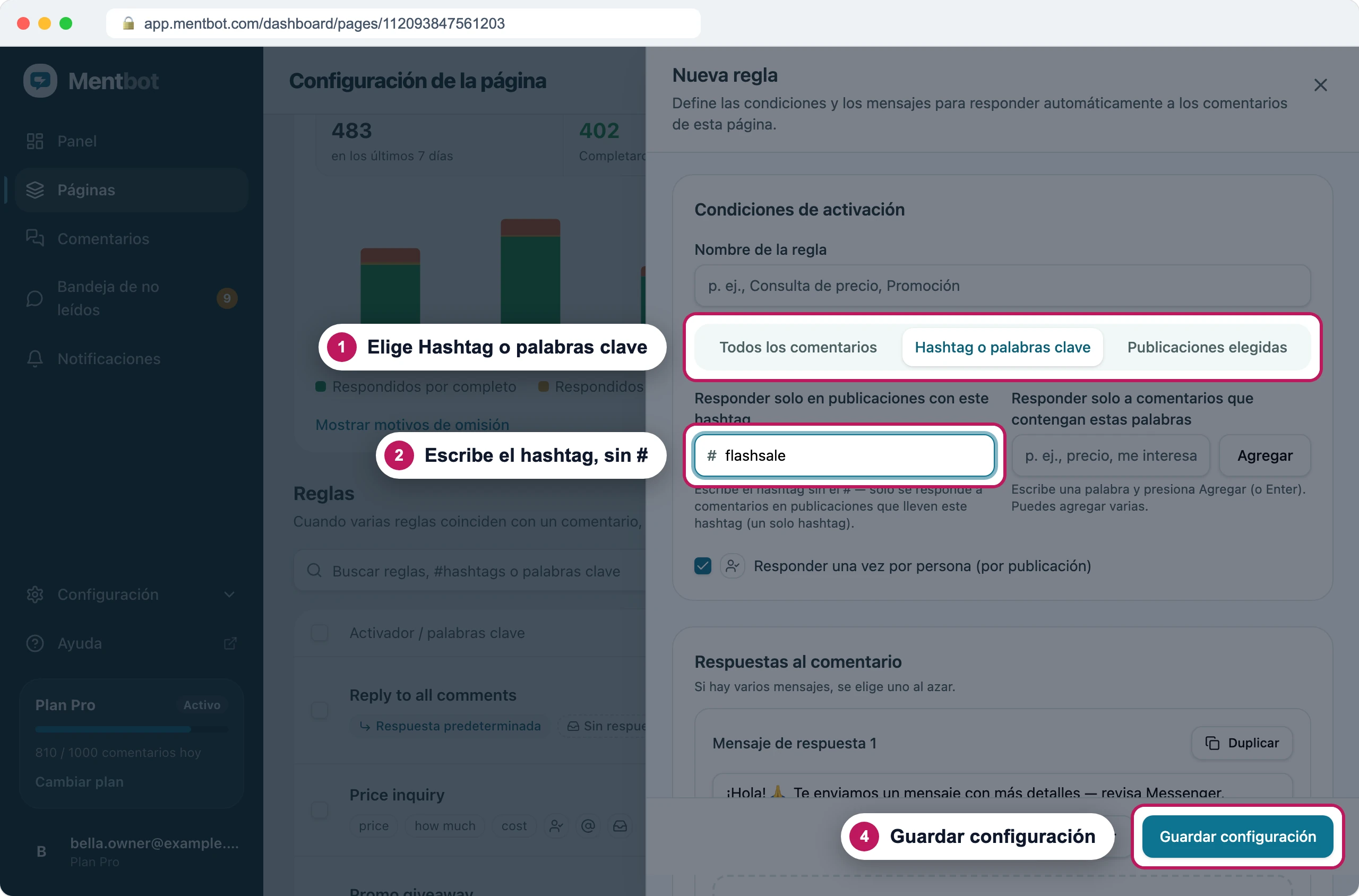 Formulario de regla nueva con la insignia 1 en la pestaña Hashtag o palabras clave, la insignia 2 en el cuadro del hashtag con flashsale y la insignia 4 en Guardar configuración