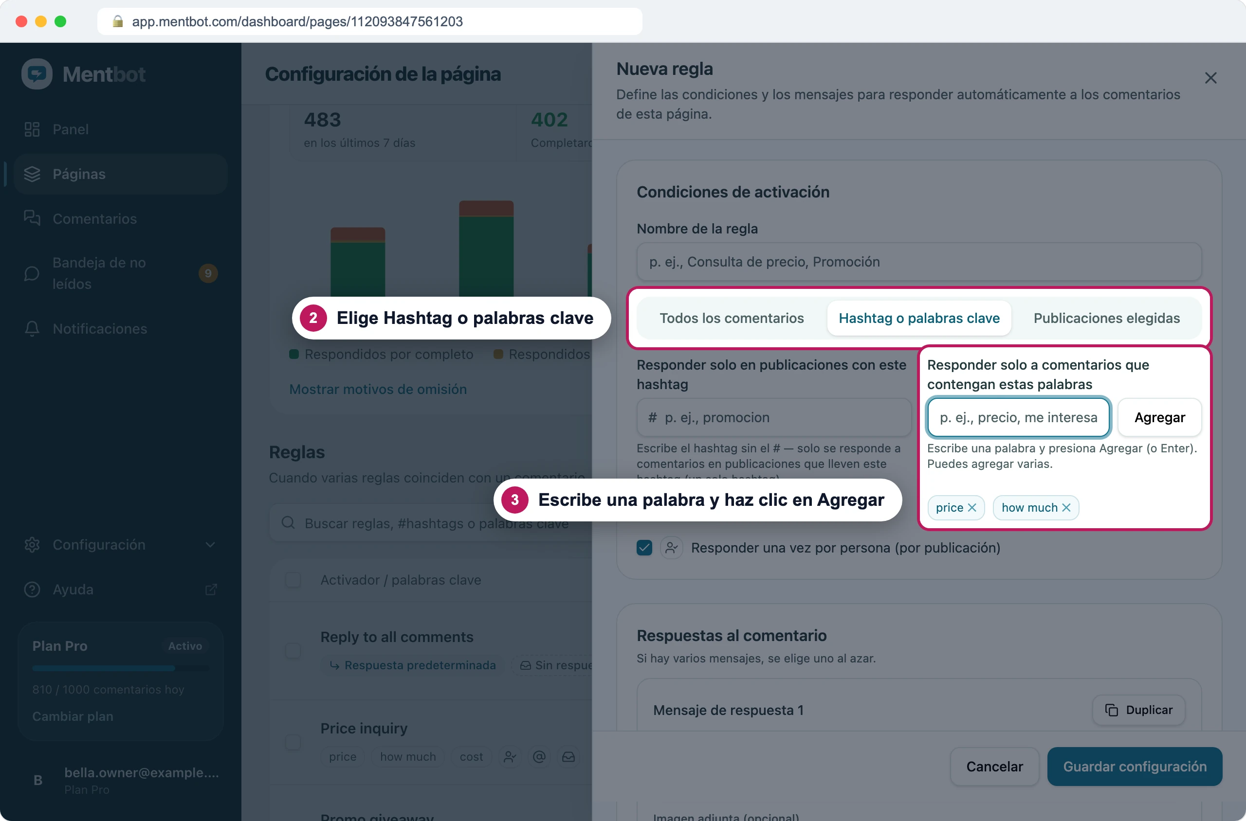 Formulario de regla nueva con la insignia 2 en la pestaña Hashtag o palabras clave y la insignia 3 en el cuadro de palabras clave, con las palabras price y how much