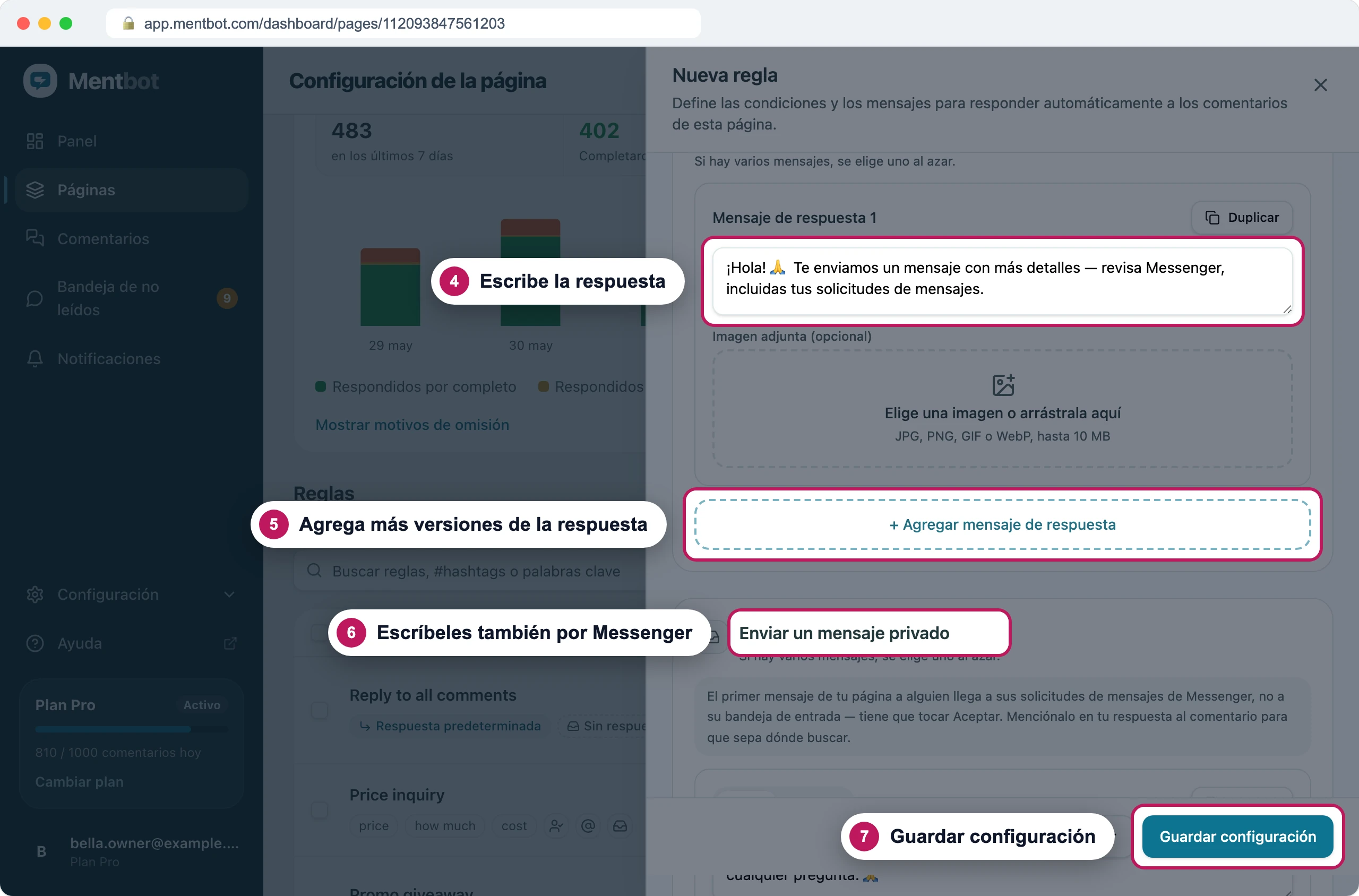 Sección Respuestas al comentario con la insignia 4 en el primer mensaje de respuesta, la insignia 5 en el botón + Agregar mensaje de respuesta, la insignia 6 en el título Enviar un mensaje privado y la insignia 7 en Guardar configuración