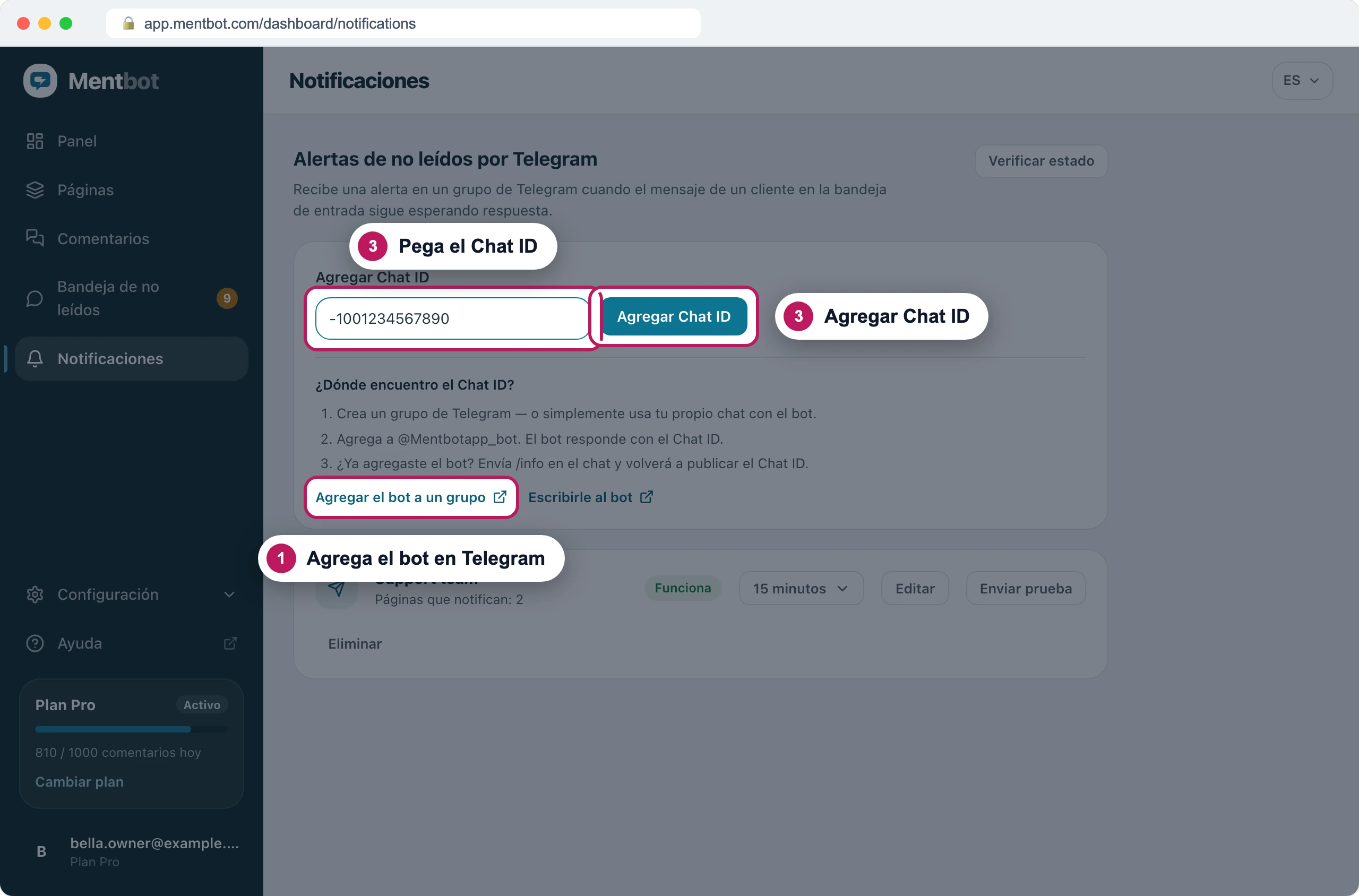 Página Notificaciones con la insignia 1 en Agregar el bot a un grupo, la insignia 3 en el cuadro del Chat ID con -1001234567890 y la insignia 3 en el botón Agregar Chat ID