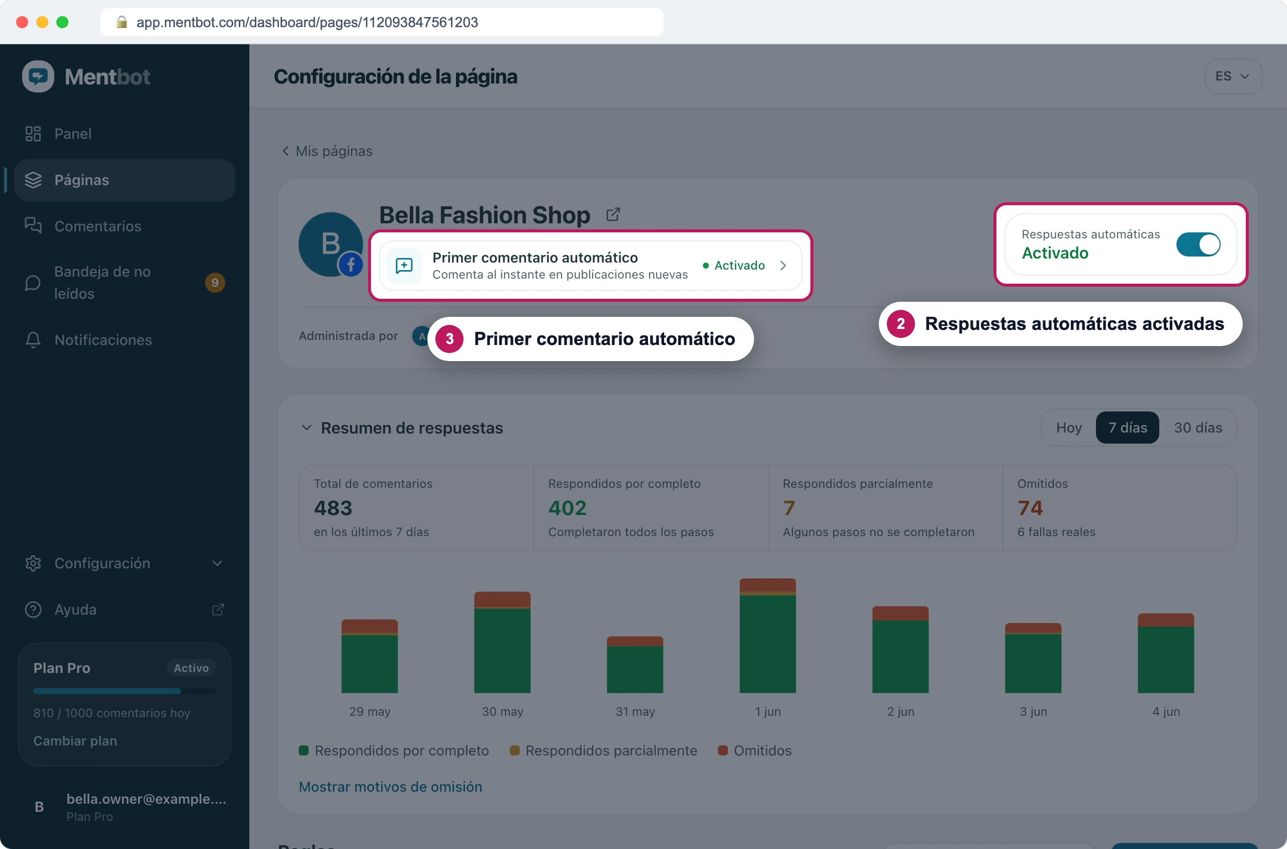 Configuración de la página con la insignia 2 en el interruptor Respuestas automáticas, activado, y la insignia 3 en la tarjeta Primer comentario automático