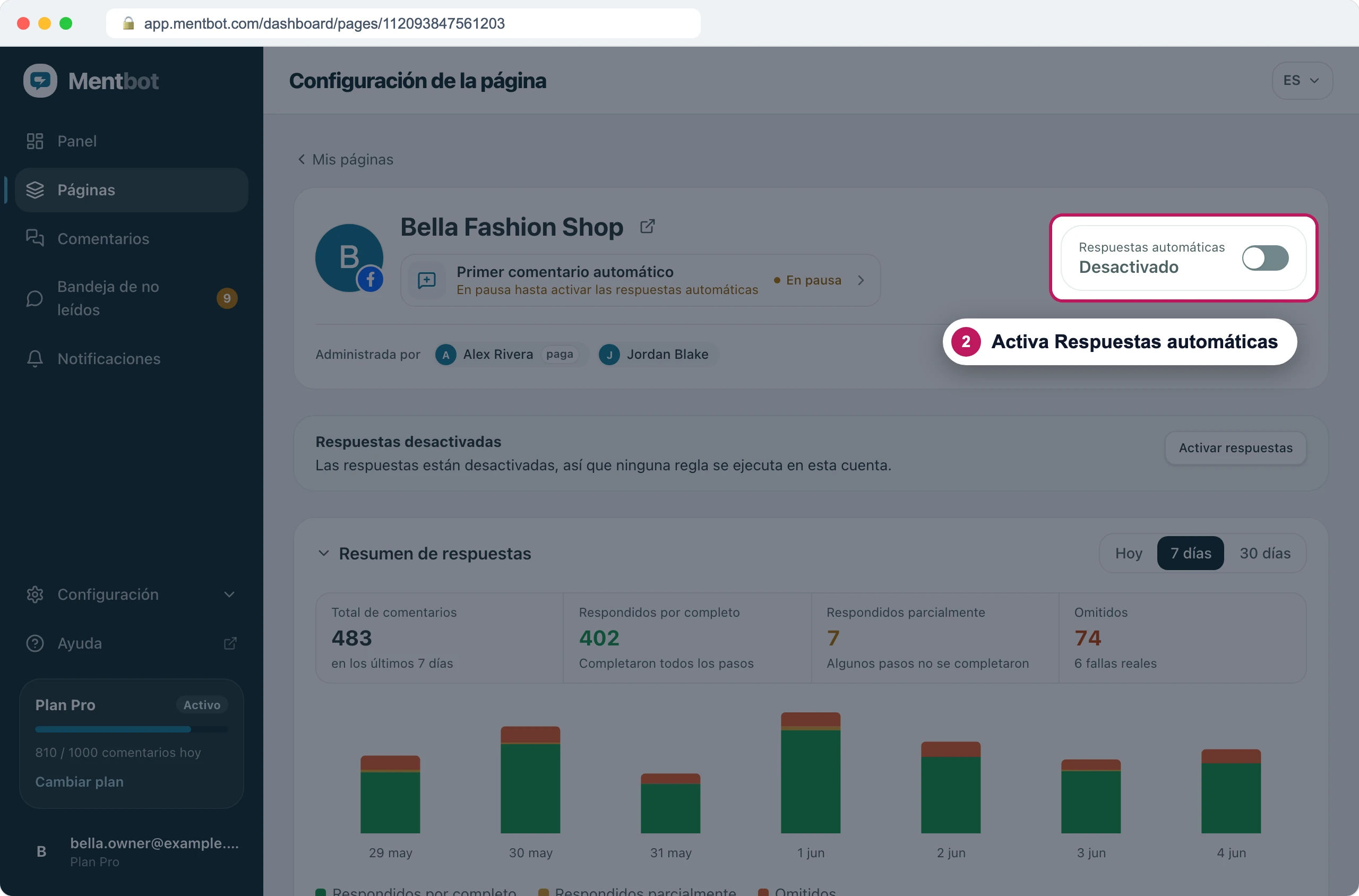 Configuración de la página con la insignia 2 en el interruptor Respuestas automáticas, desactivado
