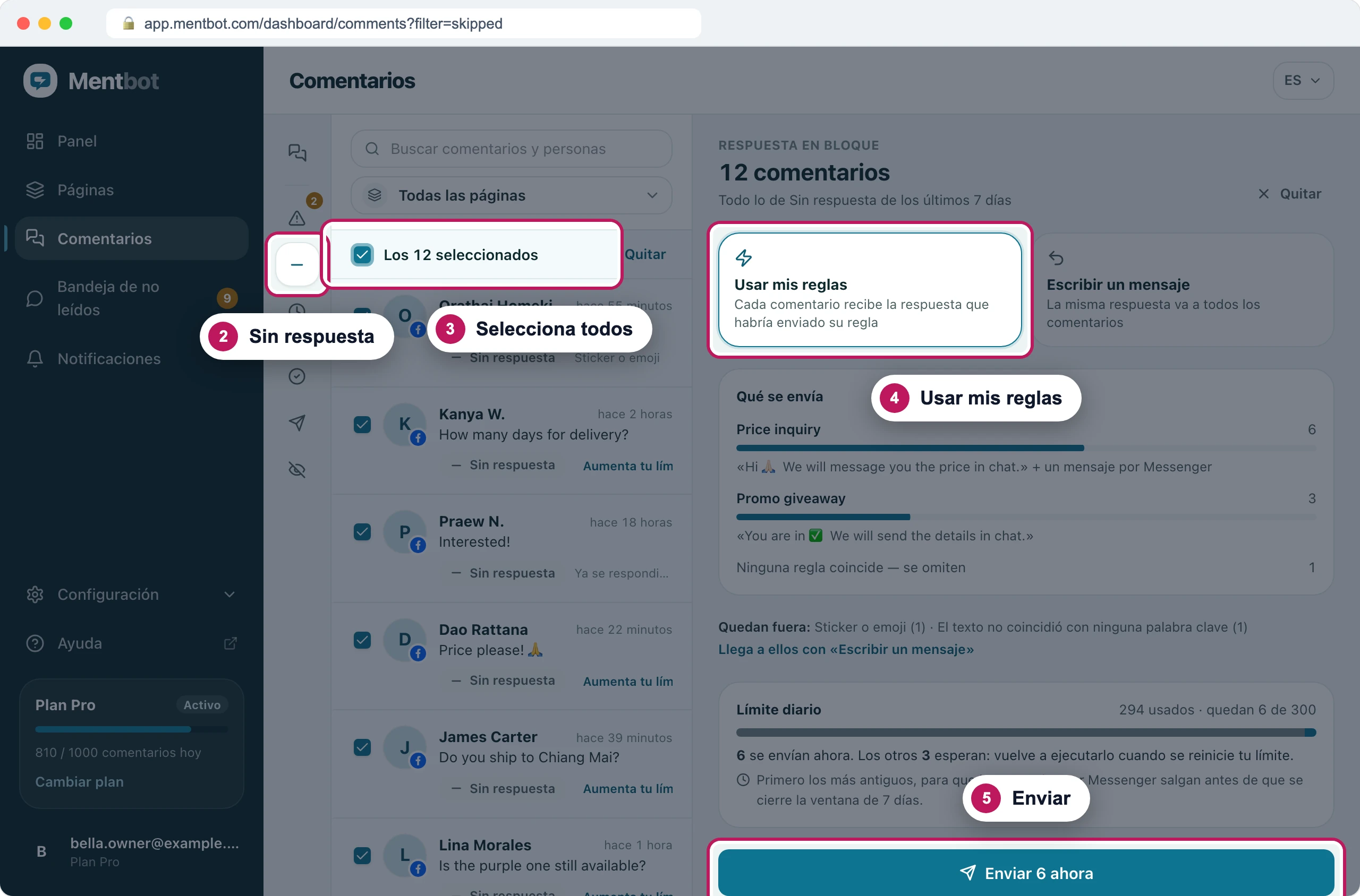 Panel de Respuesta en bloque para 12 comentarios con la insignia 2 en el filtro Sin respuesta, la insignia 3 en Los 12 seleccionados, la insignia 4 en Usar mis reglas y la insignia 5 en el botón Enviar 6 ahora