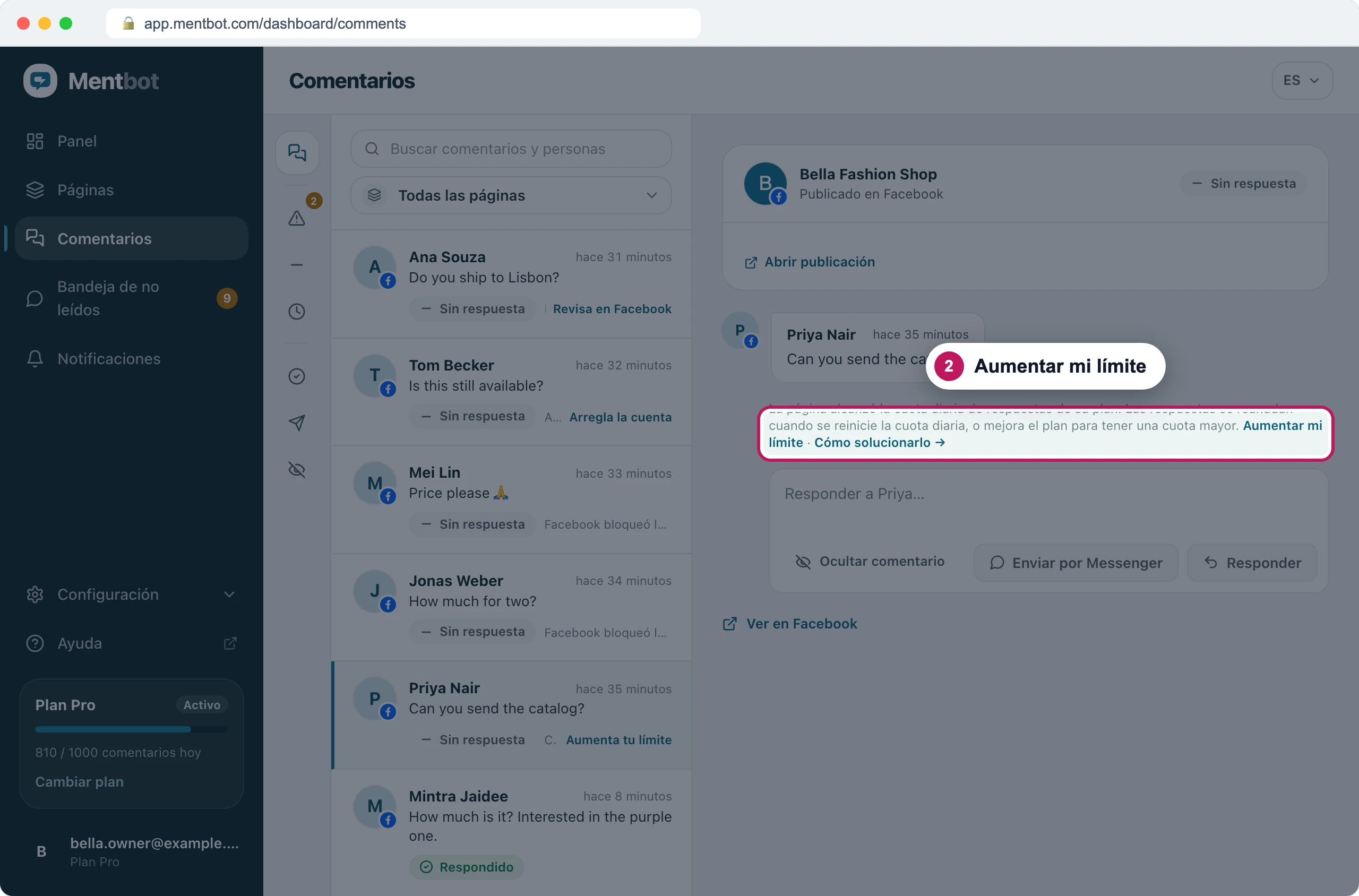Detalle del comentario con la insignia 2 en el enlace Aumentar mi límite, en el motivo debajo del comentario