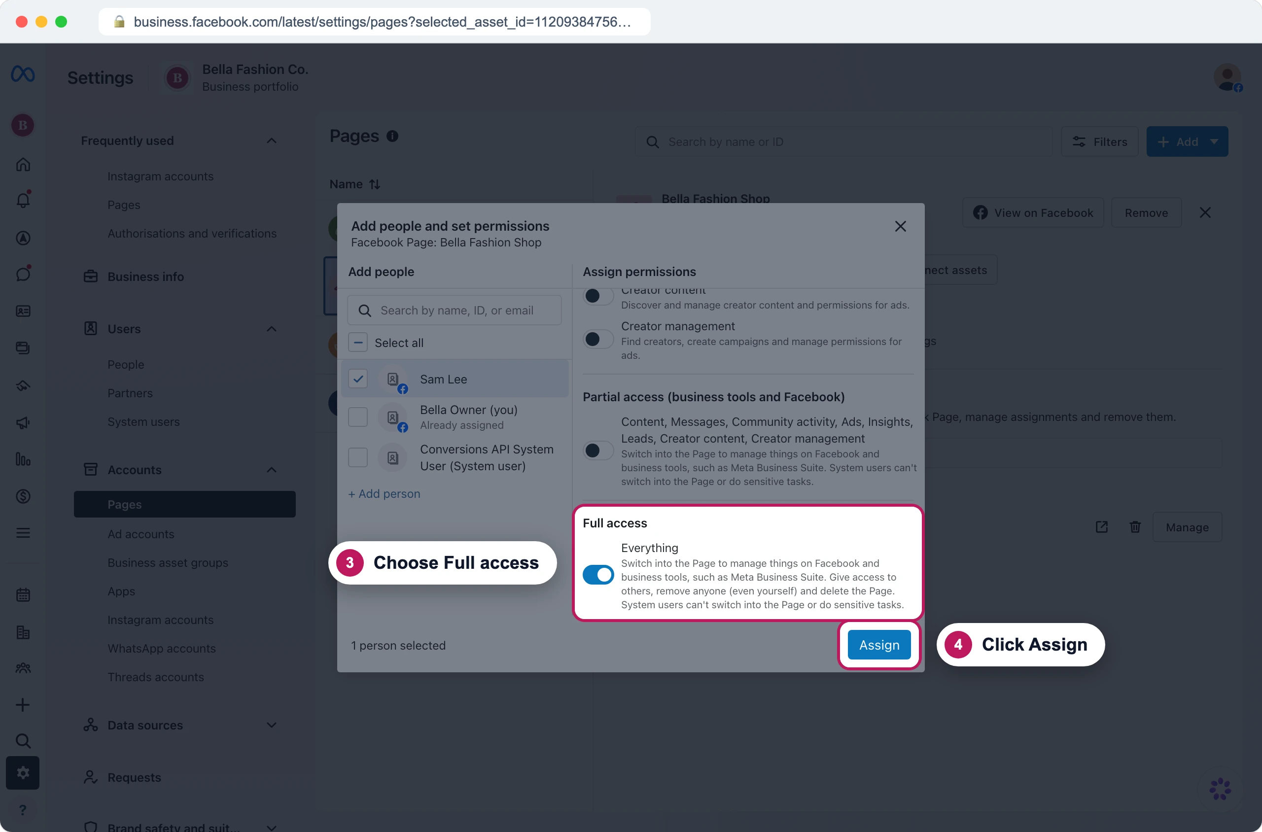 Business Suite's Add people and set permissions dialog with badge 3 on the switched-on Full access toggle and badge 4 on the Assign button