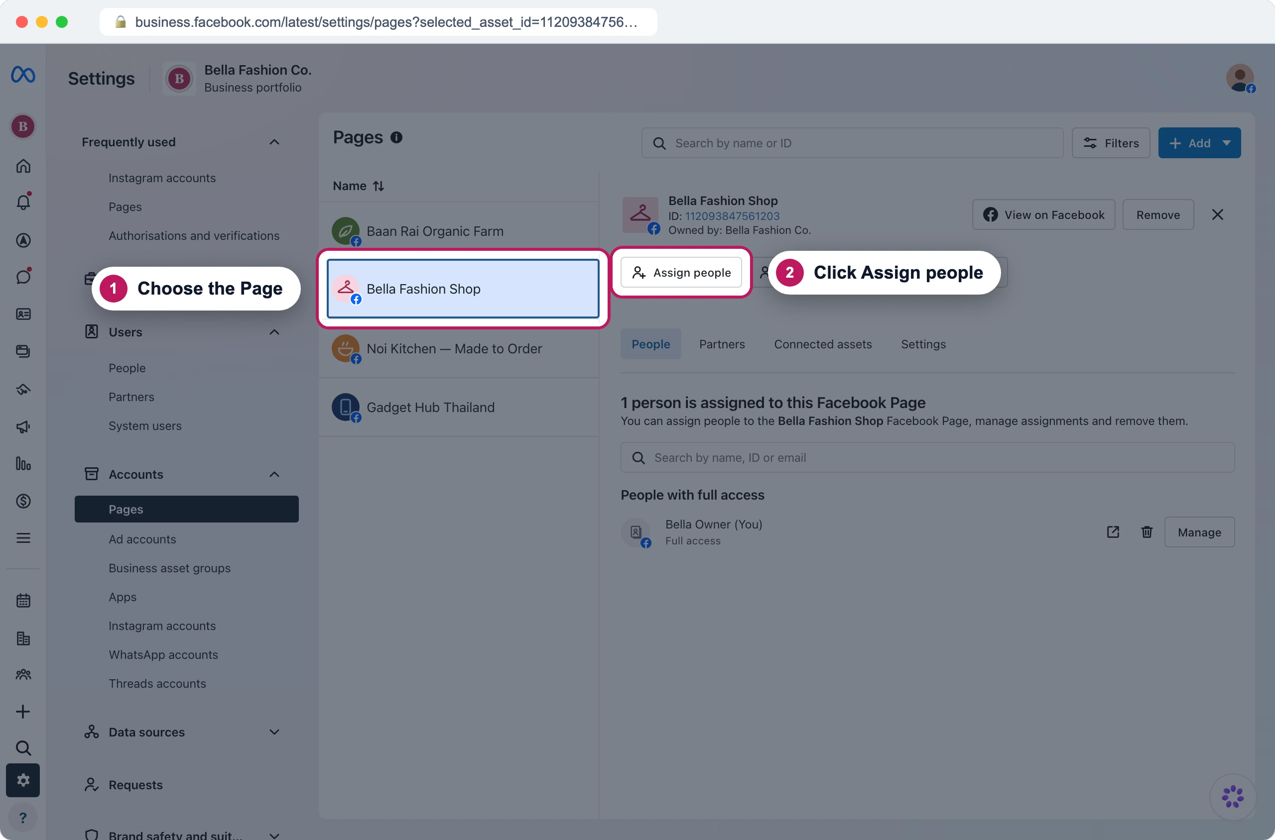 Business Suite's Pages settings with badge 1 on the Bella Fashion Shop Page and badge 2 on the Assign people button