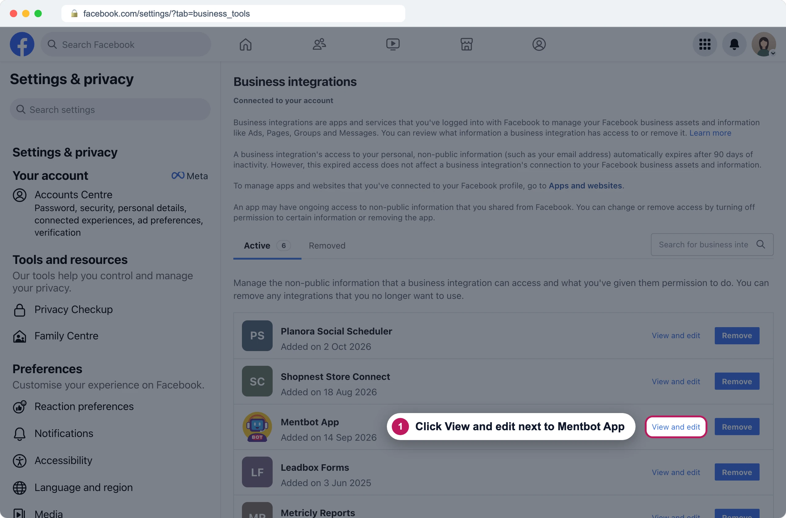 Facebook's Business integrations list with badge 1 on View and edit next to Mentbot App