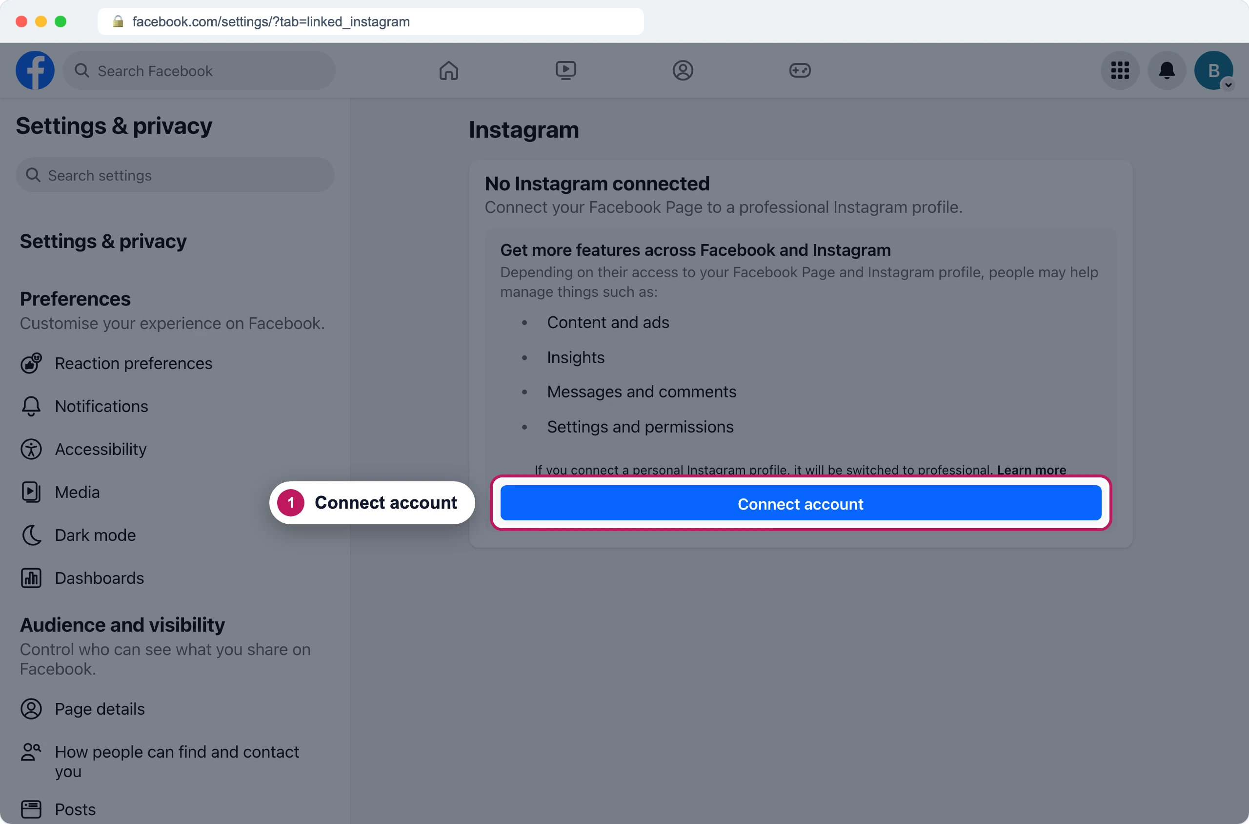 Facebook's linked Instagram settings showing No Instagram connected, with badge 1 on the Connect account button