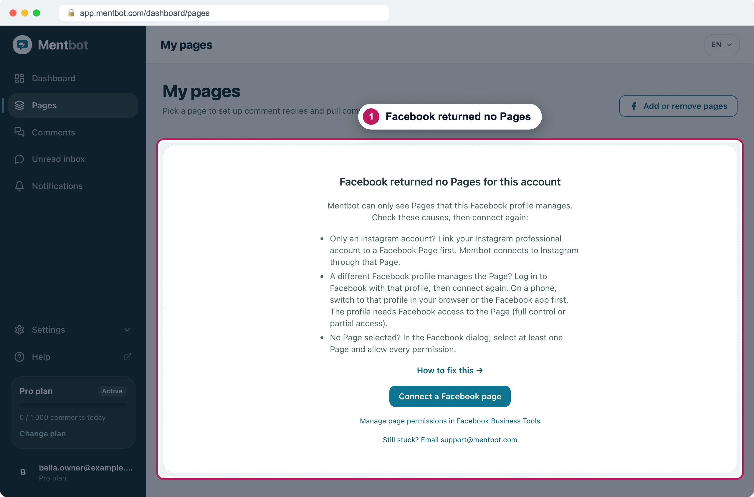 Pages with badge 1 on the Facebook returned no Pages for this account message, which lists three causes above the Connect a Facebook page button