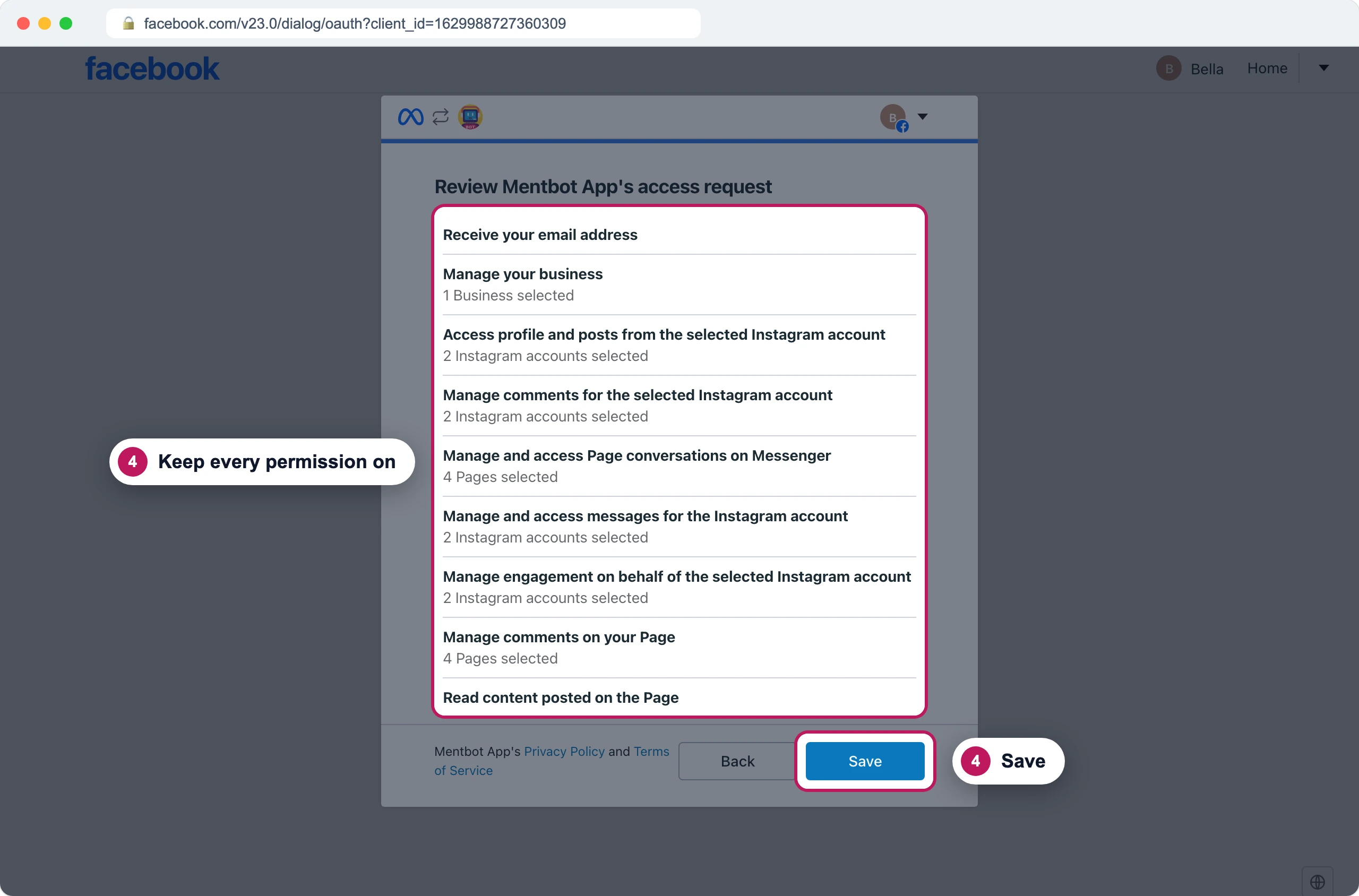 หน้าจอ Review Mentbot App's access request ของ Facebook ป้าย 4 ชี้ที่รายการสิทธิ์ และป้าย 4 ชี้ที่ปุ่มบันทึก