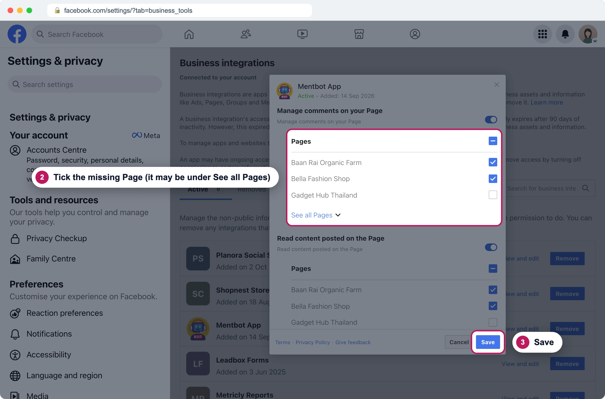Mentbot App's settings in Business integrations with badge 2 on the Pages list under Manage comments on your Page, where Gadget Hub Thailand is unticked, and badge 3 on Save