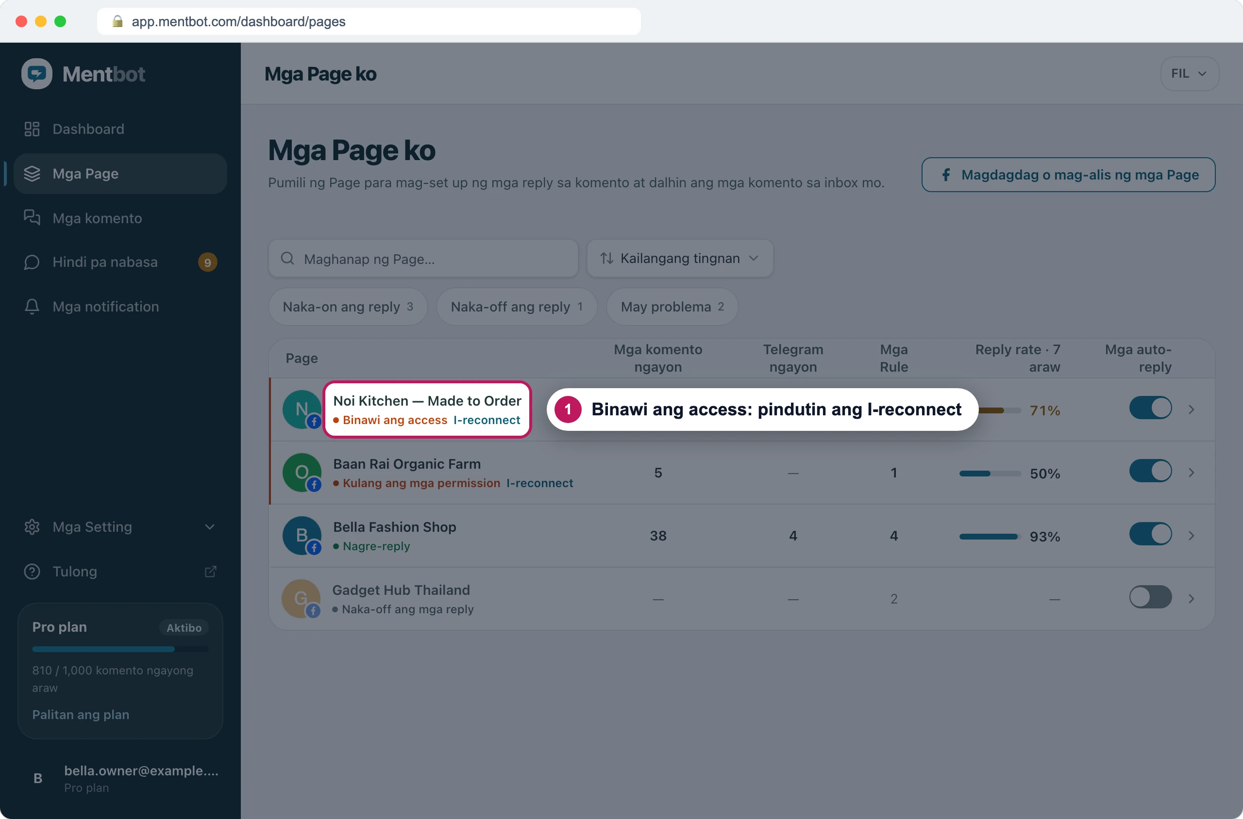 Listahan ng Mga Page, badge 1 sa Noi Kitchen — Made to Order na may markang Binawi ang access at link na I-reconnect