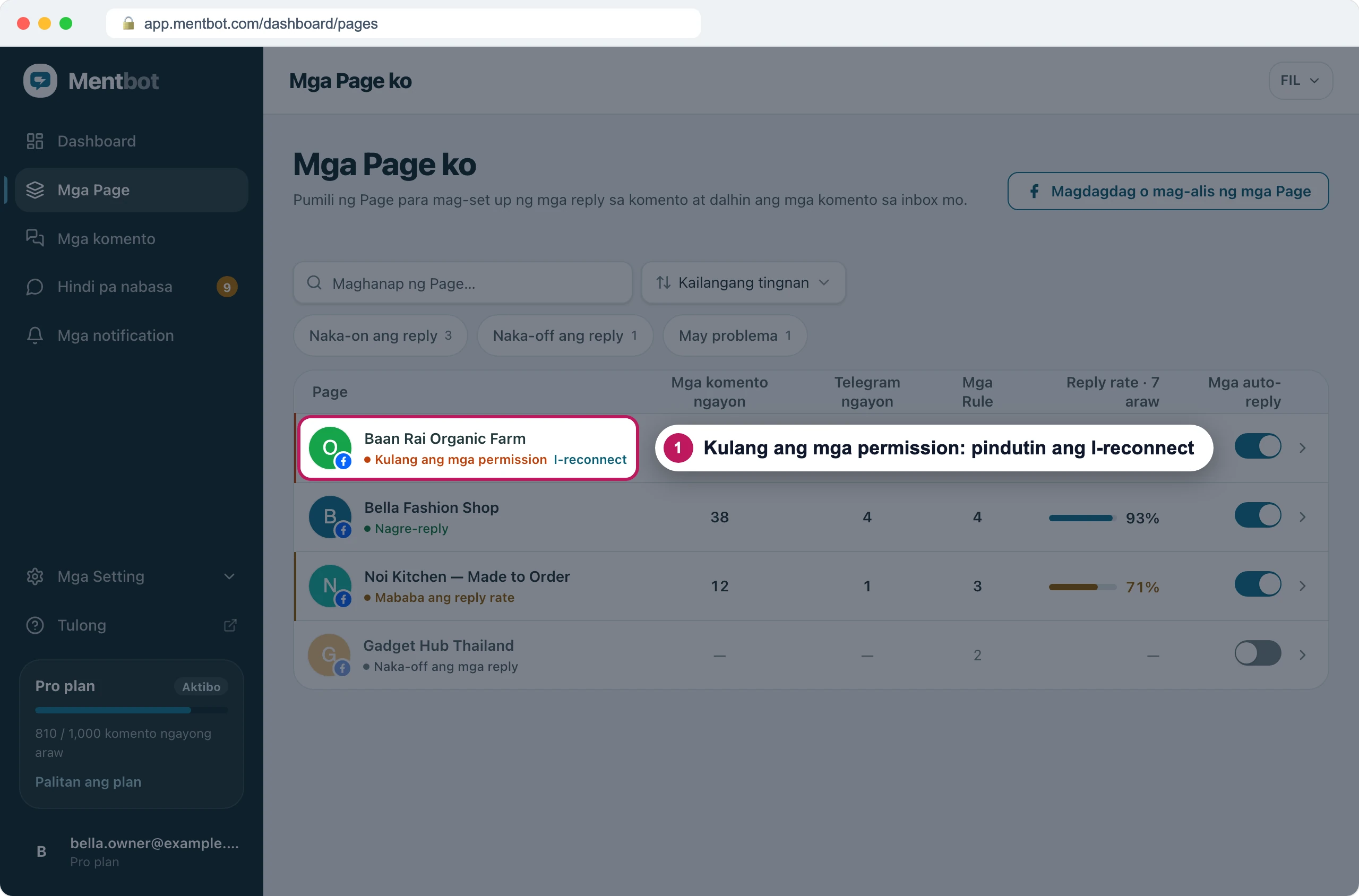 Listahan ng Mga Page, badge 1 sa Baan Rai Organic Farm na may markang Kulang ang mga permission at link na I-reconnect
