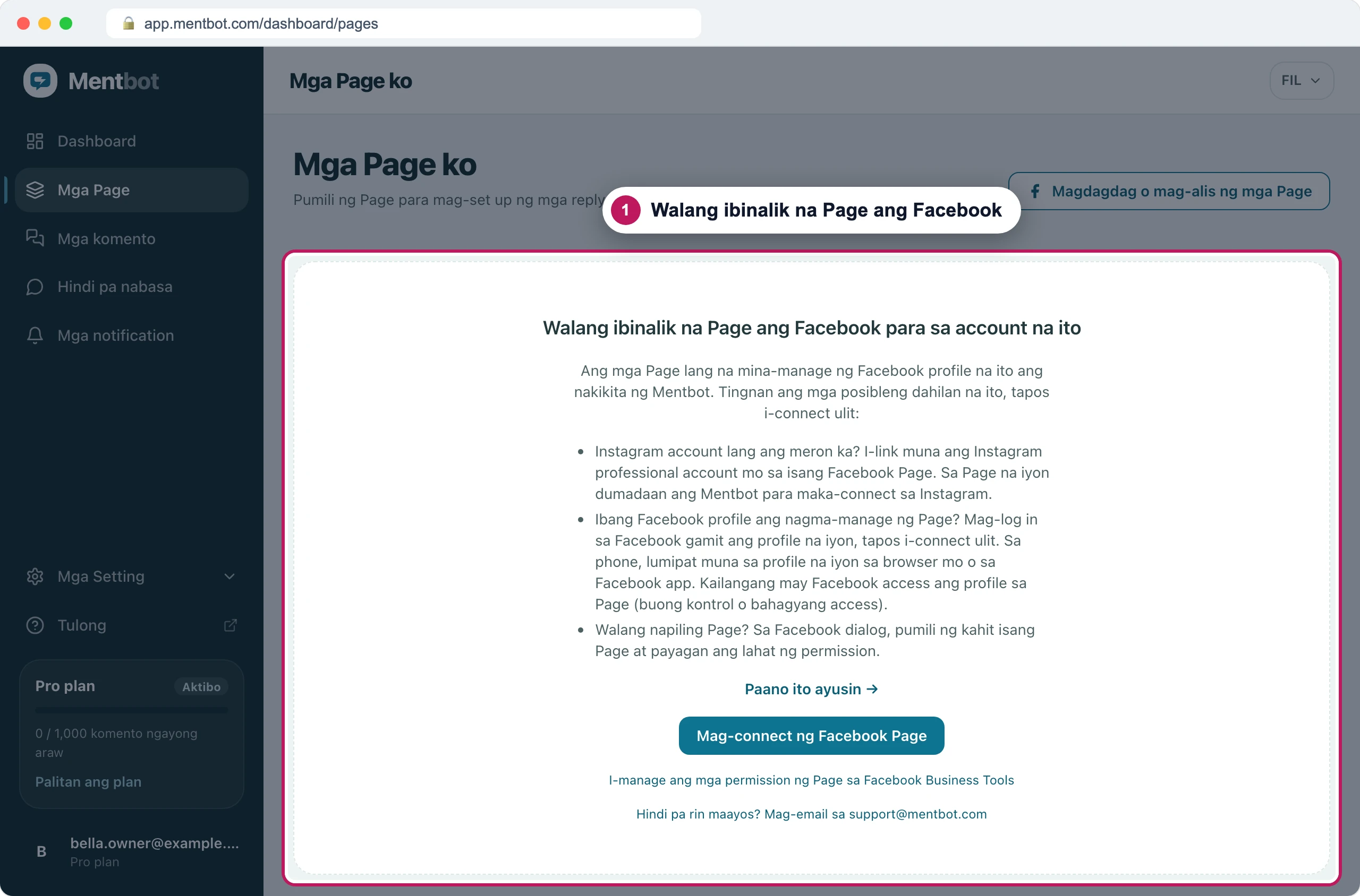 Mga Page, badge 1 sa mensaheng Walang ibinalik na Page ang Facebook para sa account na ito, na naglilista ng tatlong dahilan sa itaas ng button na Mag-connect ng Facebook Page