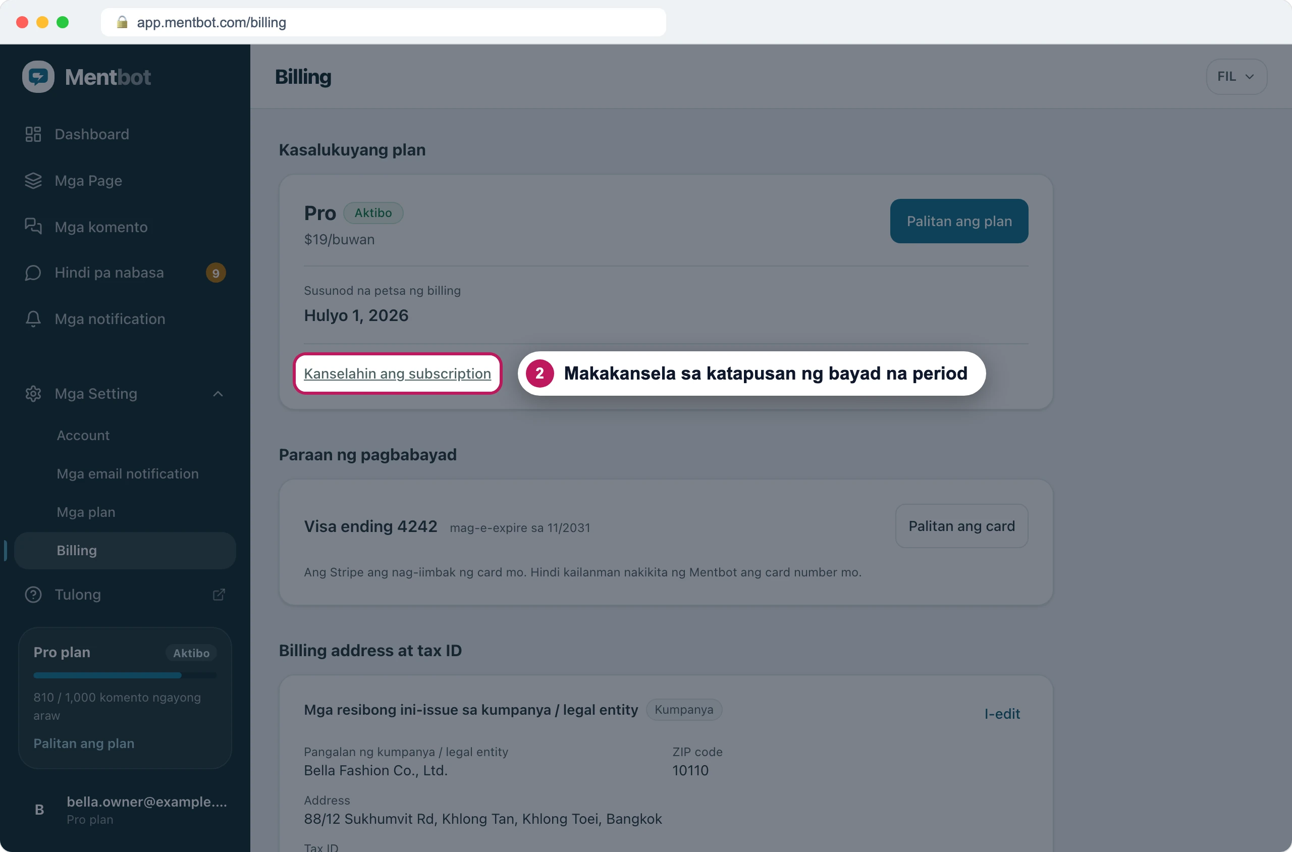 Page ng Billing, badge 2 sa link na Kanselahin ang subscription sa ilalim ng kasalukuyang Pro plan