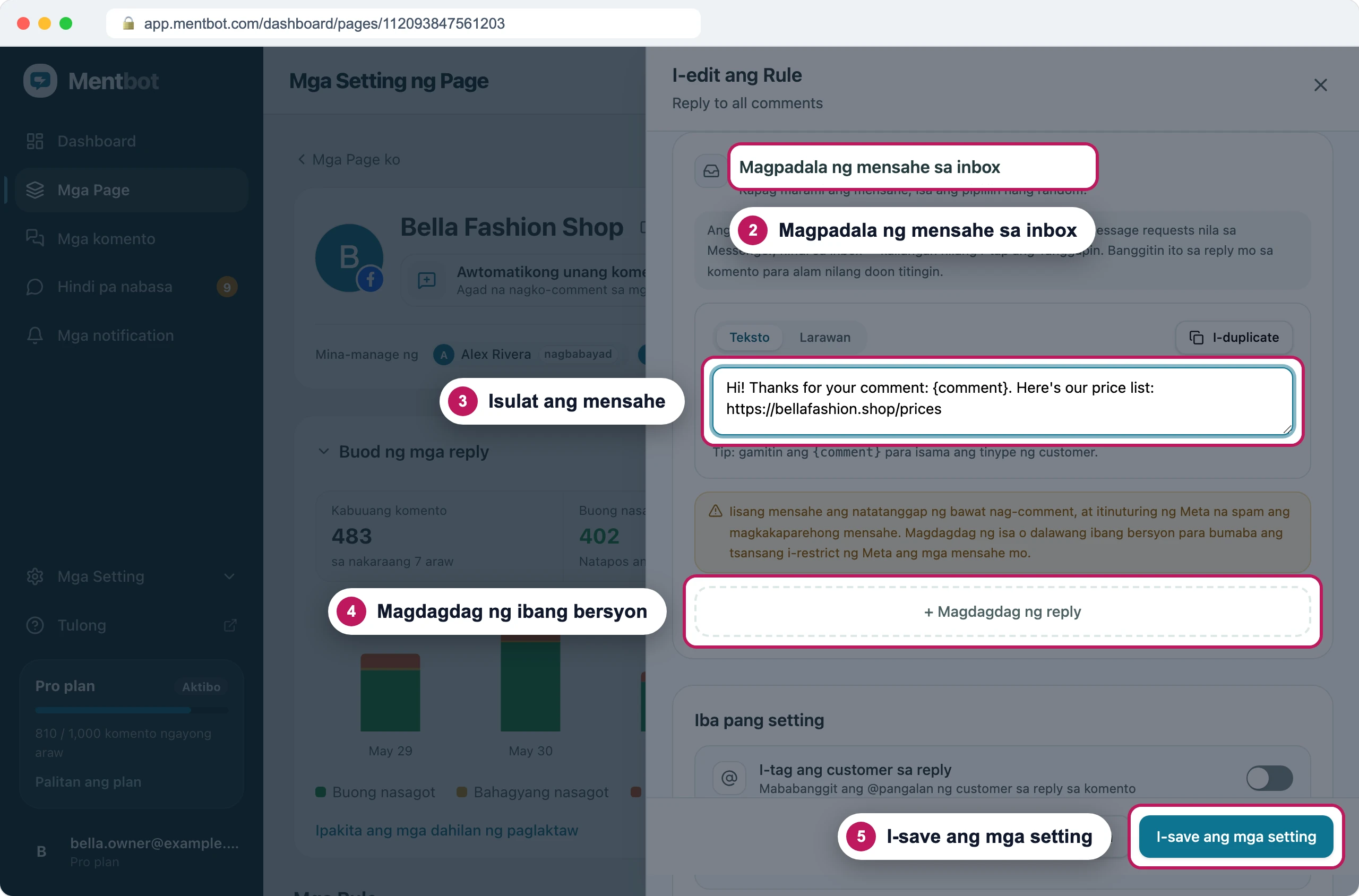Form ng rule, badge 2 sa heading na Magpadala ng mensahe sa inbox, badge 3 sa kahon ng mensahe na may pasasalamat, {comment} at link ng price list, badge 4 sa + Magdagdag ng reply at badge 5 sa I-save ang mga setting
