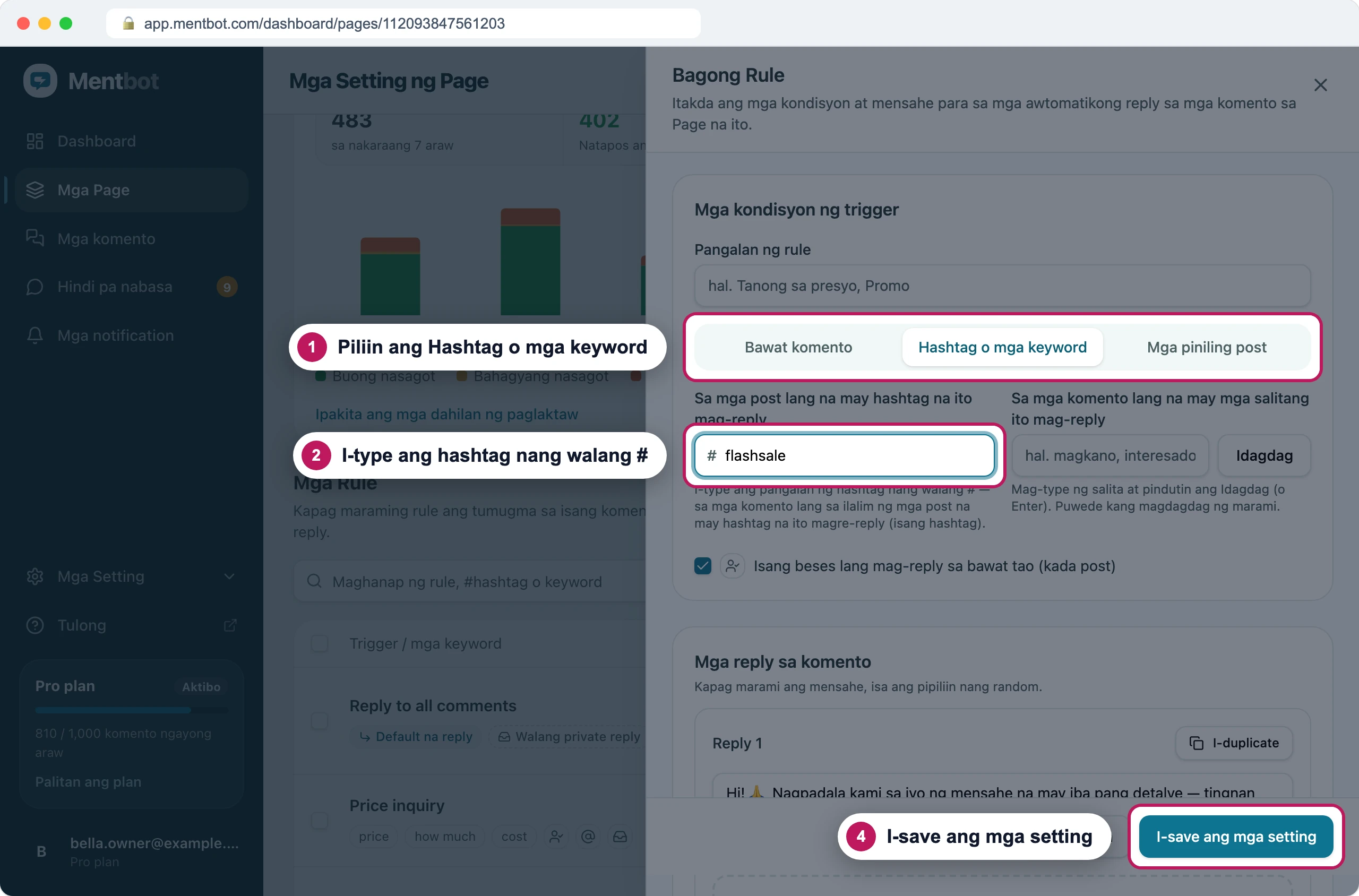 Form ng bagong rule, badge 1 sa tab na Hashtag o mga keyword, badge 2 sa kahon ng hashtag na may flashsale at badge 4 sa I-save ang mga setting