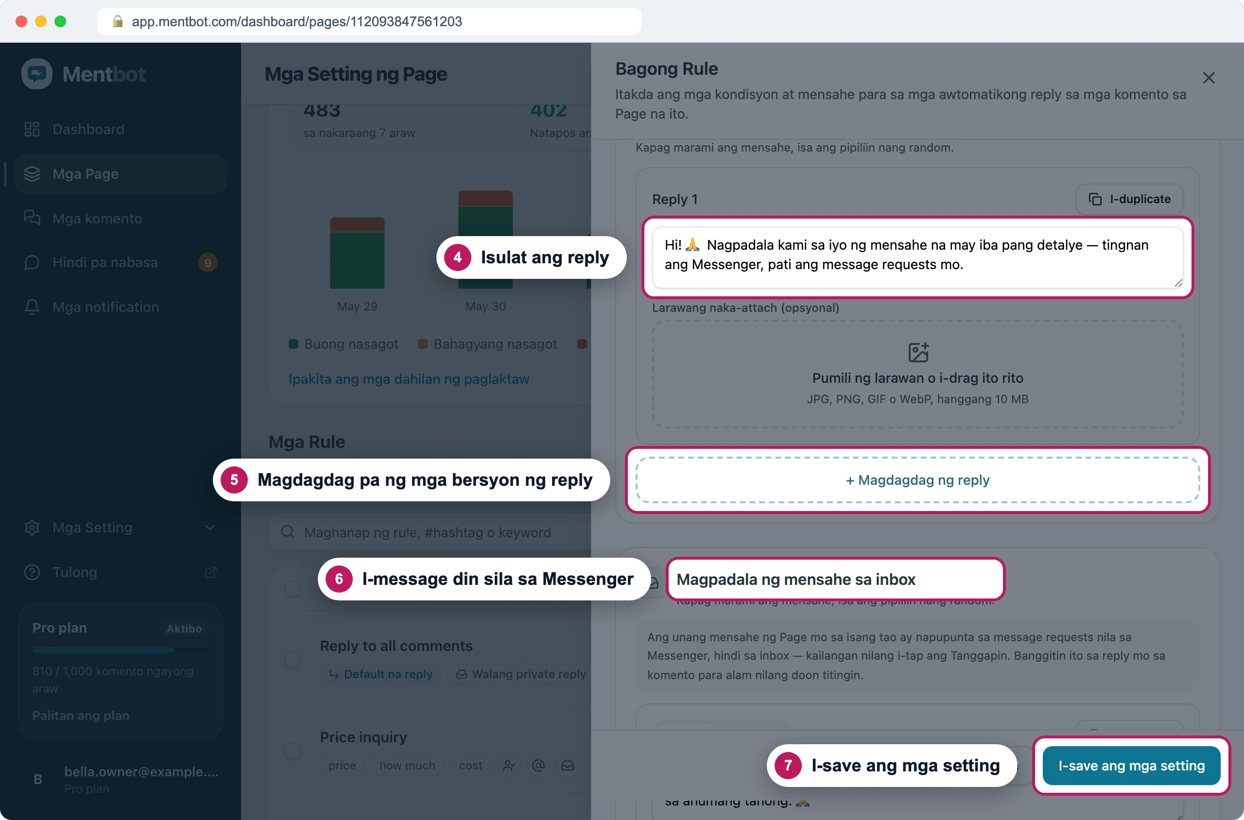 Bahaging Mga reply sa komento, badge 4 sa unang reply, badge 5 sa button na + Magdagdag ng reply, badge 6 sa heading na Magpadala ng mensahe sa inbox at badge 7 sa I-save ang mga setting
