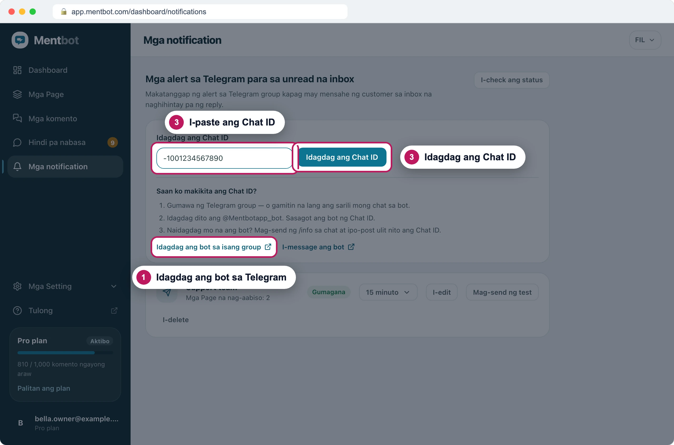 Page ng Mga notification, badge 1 sa Idagdag ang bot sa isang group, badge 3 sa kahon ng Chat ID na may -1001234567890 at badge 3 sa button na Idagdag ang Chat ID