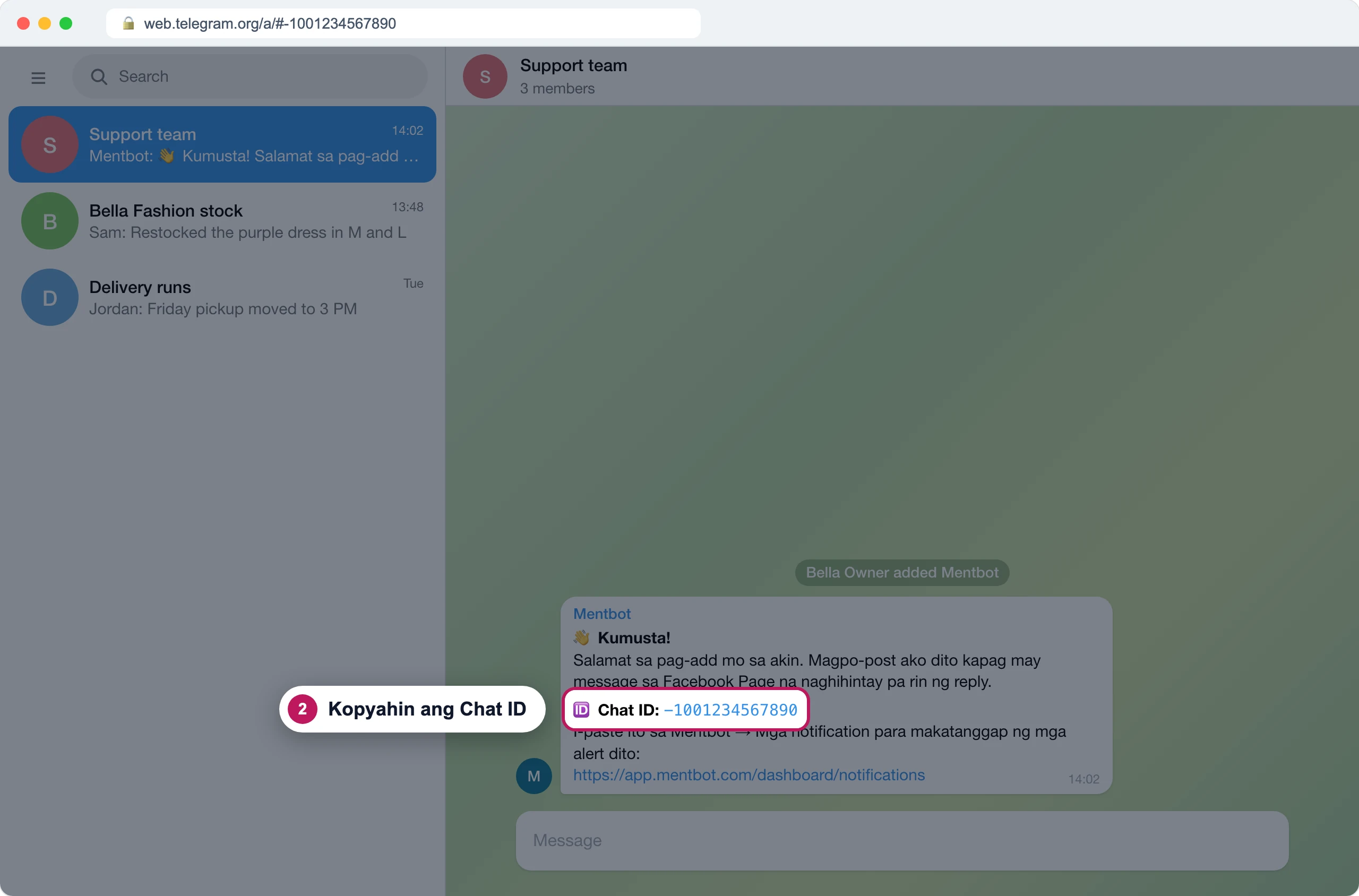 Telegram group na Support team na may welcome message ng bot at badge 2 sa Chat ID nito, -1001234567890