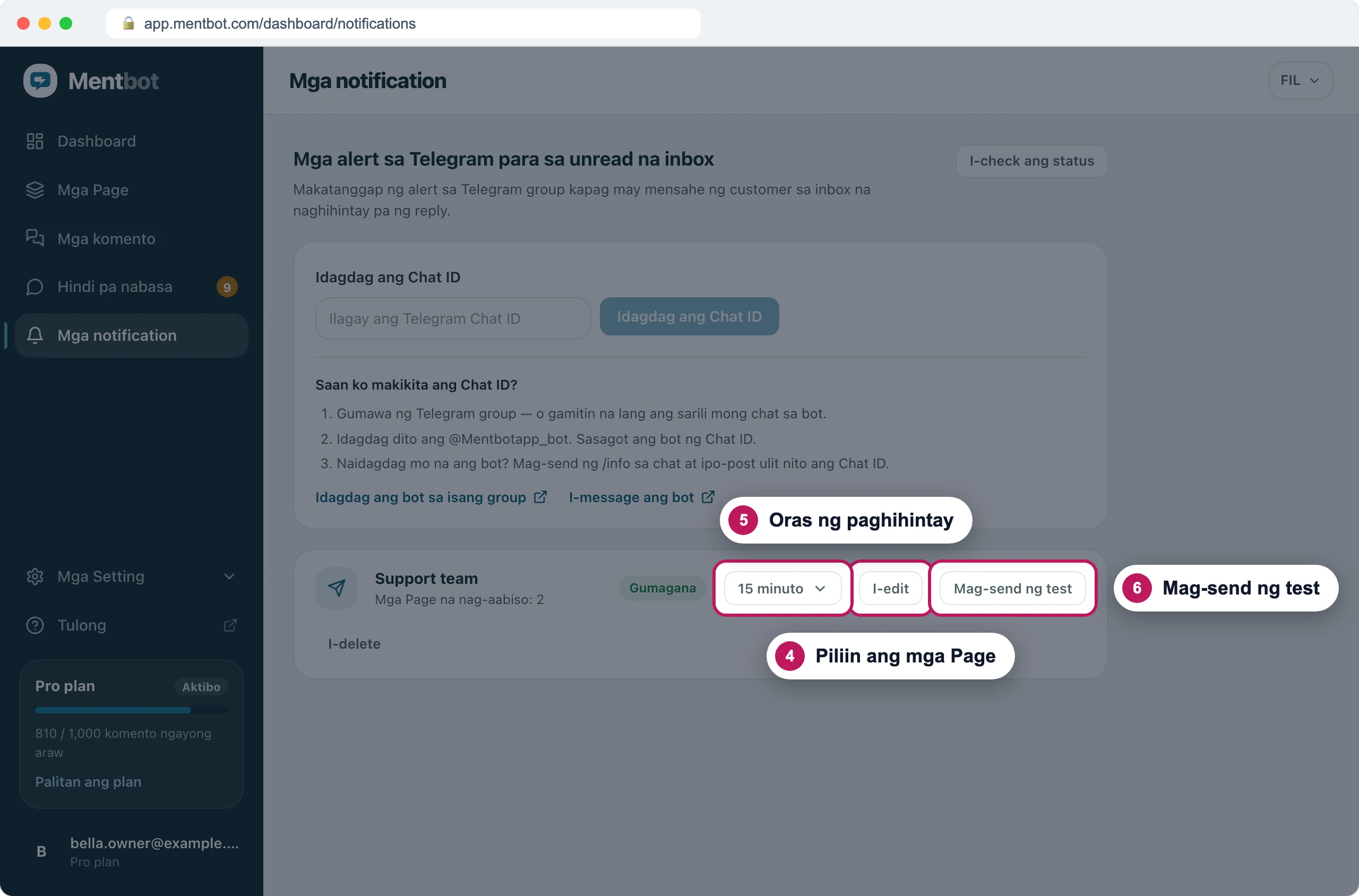 Row ng group na Support team, may markang Gumagana at Mga Page na nag-aabiso: 2, badge 4 sa I-edit, badge 5 sa menu na 15 minuto at badge 6 sa Mag-send ng test