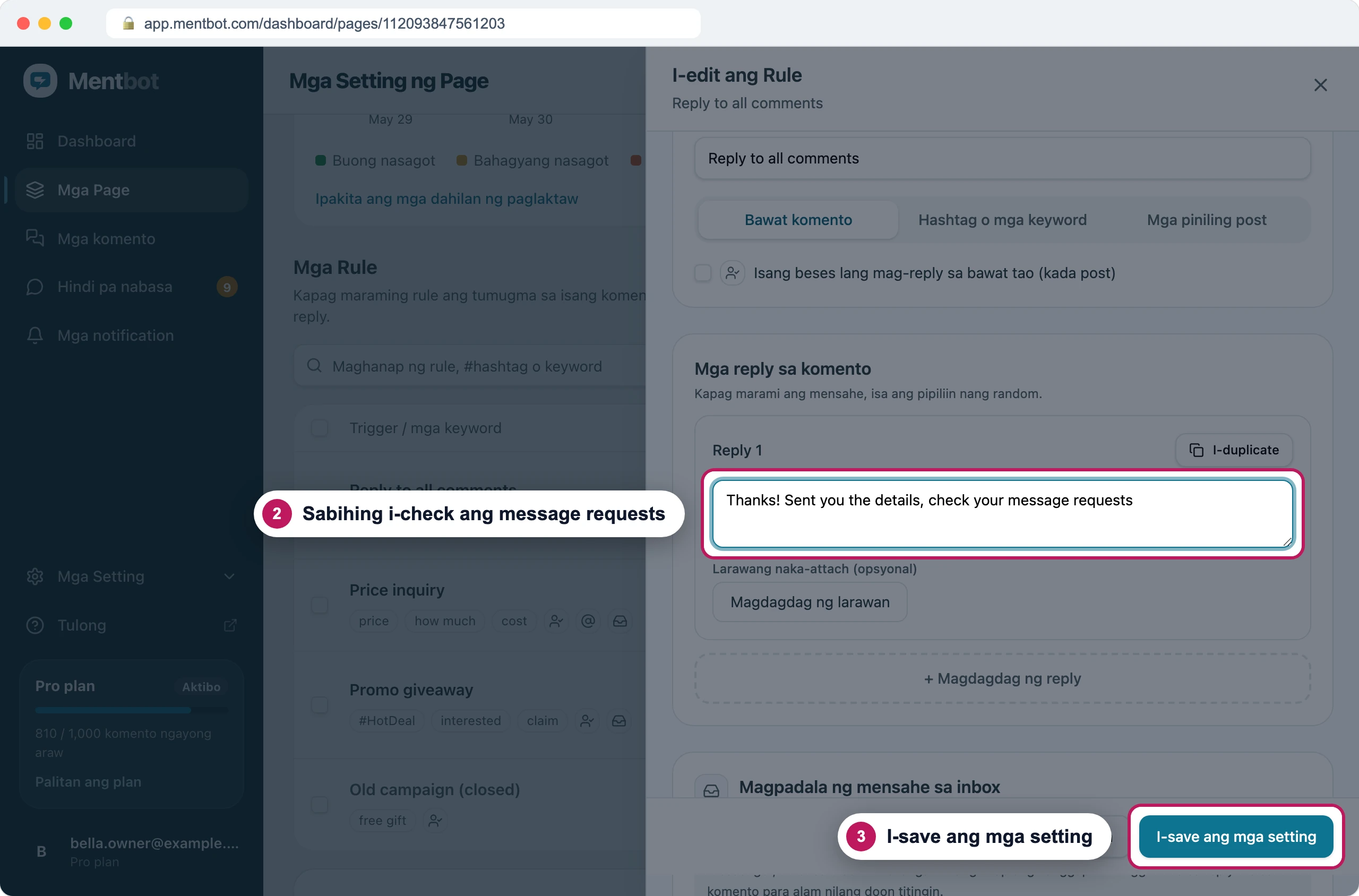 Form ng rule, badge 2 sa reply sa komento na nagtatapos sa check mo ang message requests mo, at badge 3 sa I-save ang mga setting