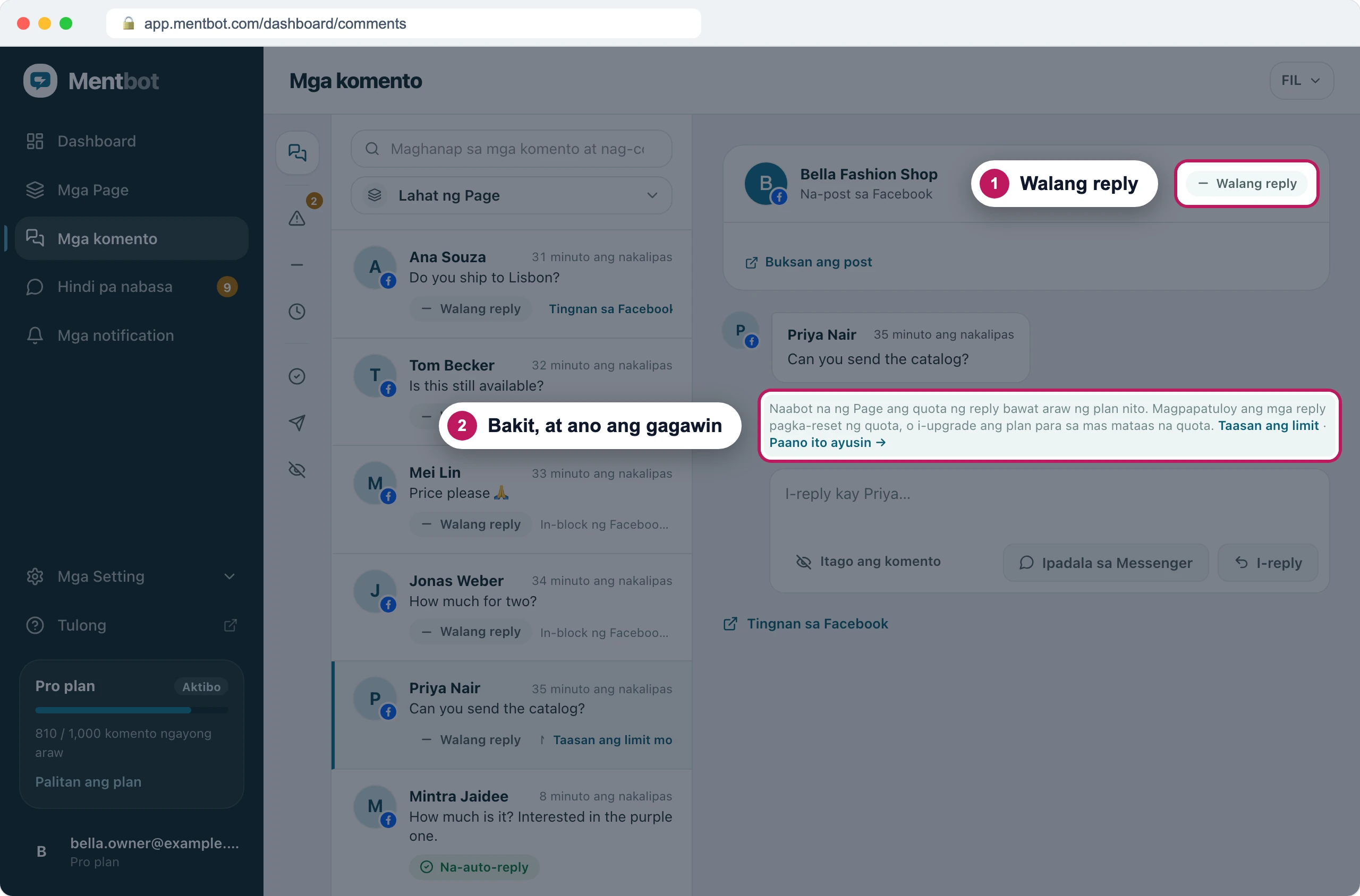 Detalye ng komento, badge 1 sa status na Walang reply at badge 2 sa dahilan, na nagsasabing naabot ng Page ang daily reply quota ng plan nito