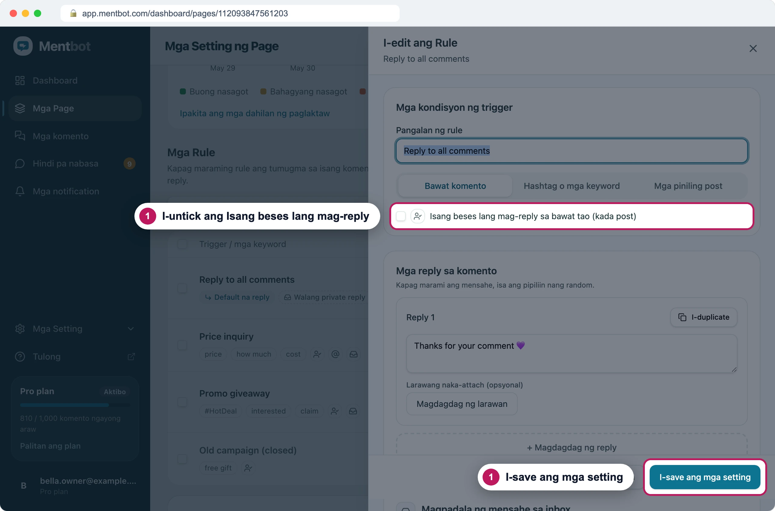 Form ng rule, badge 1 sa naka-untick na checkbox na Isang beses lang mag-reply sa bawat tao (kada post) at badge 1 sa I-save ang mga setting