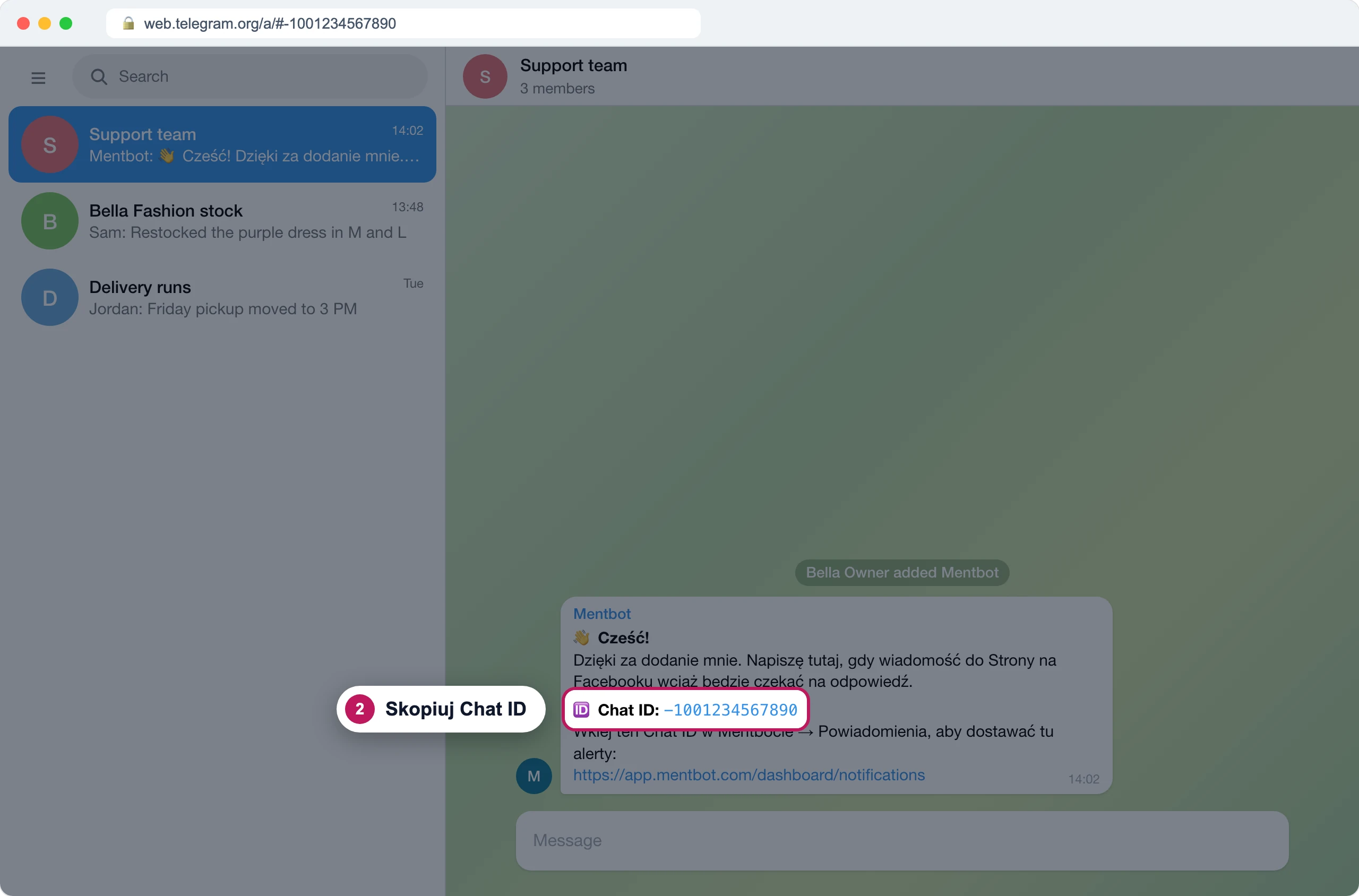 Grupa Support team na Telegramie z wiadomością powitalną bota, znacznik 2 na jego Chat ID -1001234567890