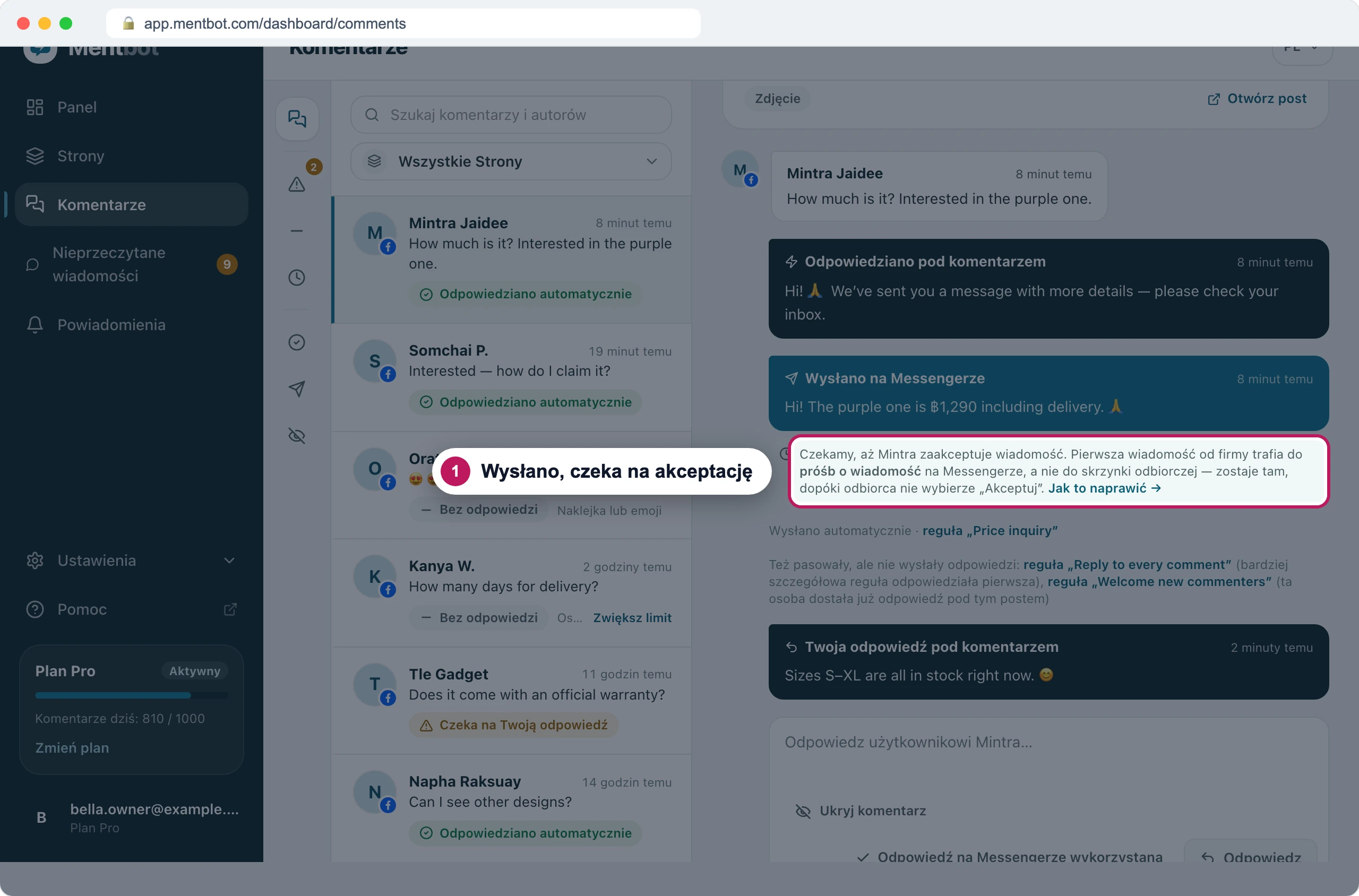 Szczegóły komentarza, znacznik 1 na notce pod odpowiedzią na Messengerze, która mówi, że czekamy, aż Mintra zaakceptuje wiadomość