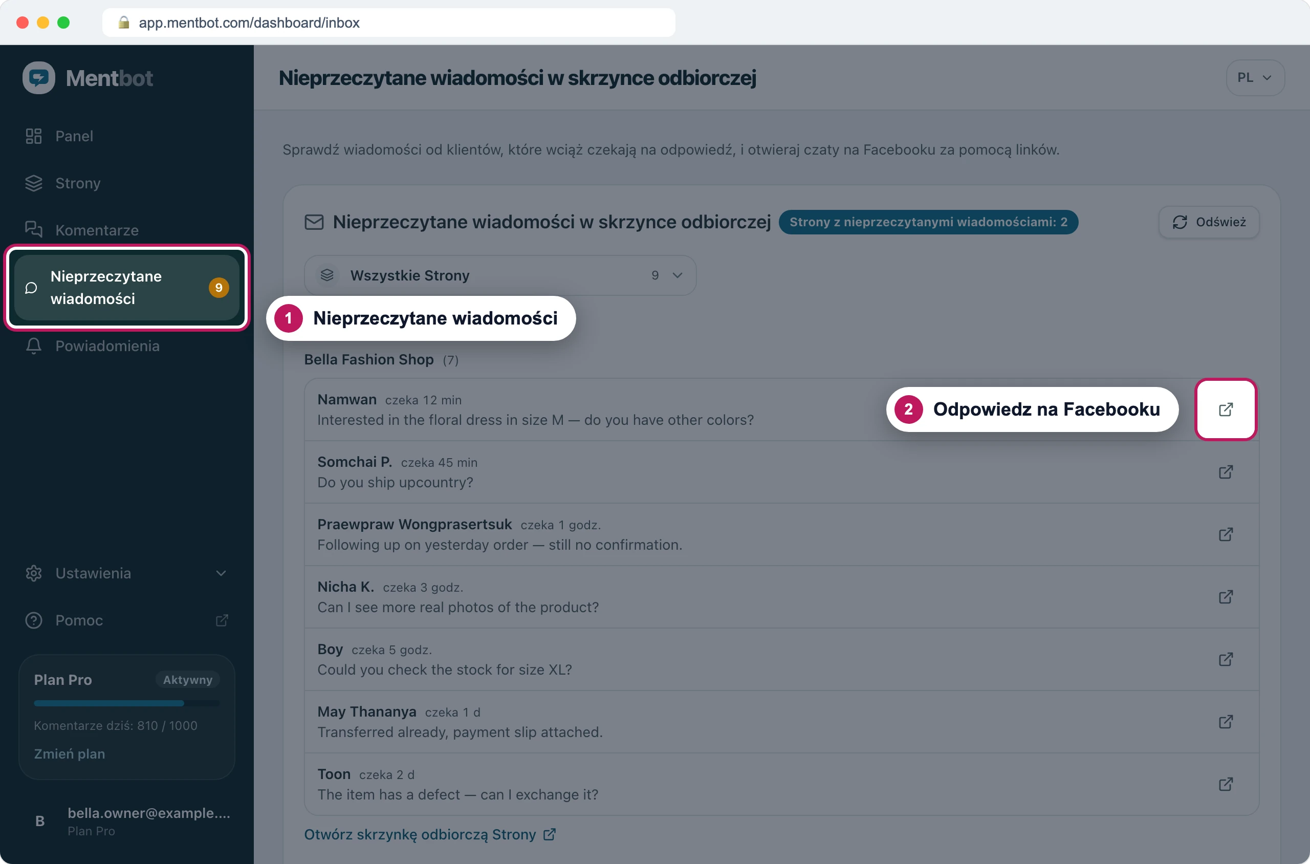 Nieprzeczytane wiadomości, znacznik 1 na pozycji Nieprzeczytane wiadomości w menu i znacznik 2 na ikonie otwierania obok wiadomości, która czeka od 12 minut